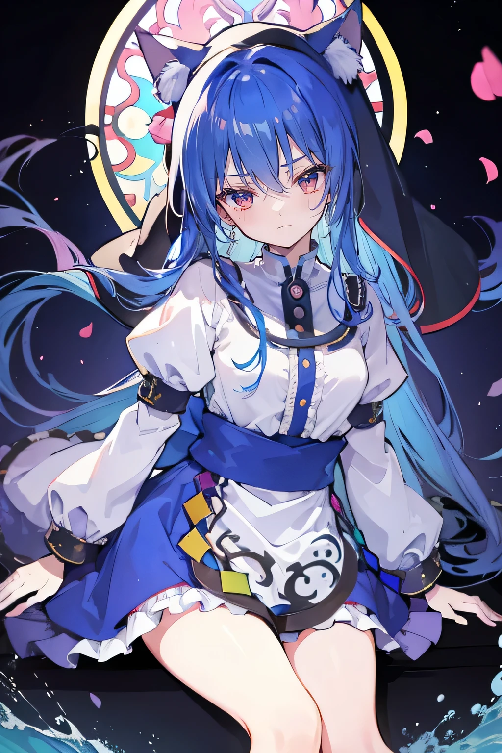 (masterpiece:1.2),Extremely detailed,Practical,expressive eyes,Fair skin,Perfect face shaping,1 Girl,
Japanese cartoons,Gorgeous blue hair, the long flowing blue hair,Floating clothes,Cat ears,Petals fall,beautiful lola,Young Angel,
Place your hands on your waist,sit elegantly on the ground,Cross your legs,Gentle and peaceful background,stately church,nun.