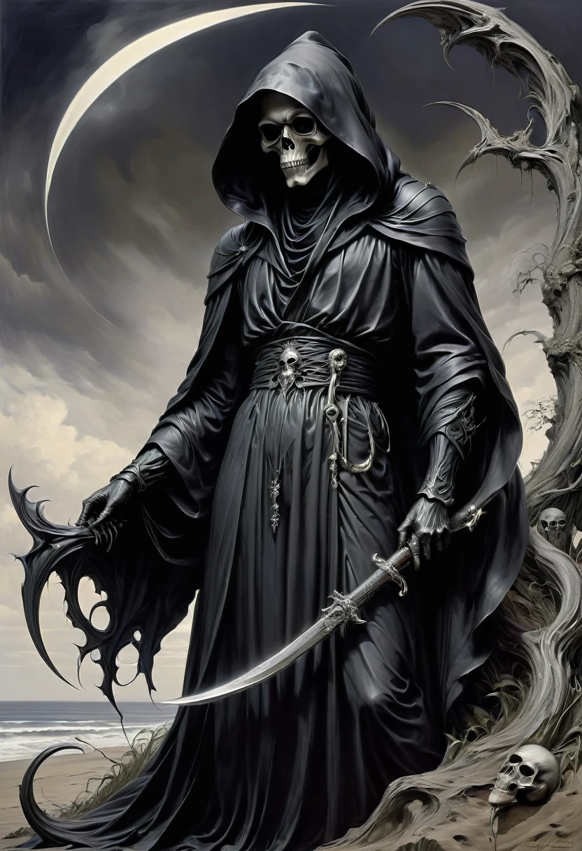 Black Grim Reaper, by Edward Weston, best quality, masterpiece, very aesthetic, perfect composition, intricate details, ultra-detailed