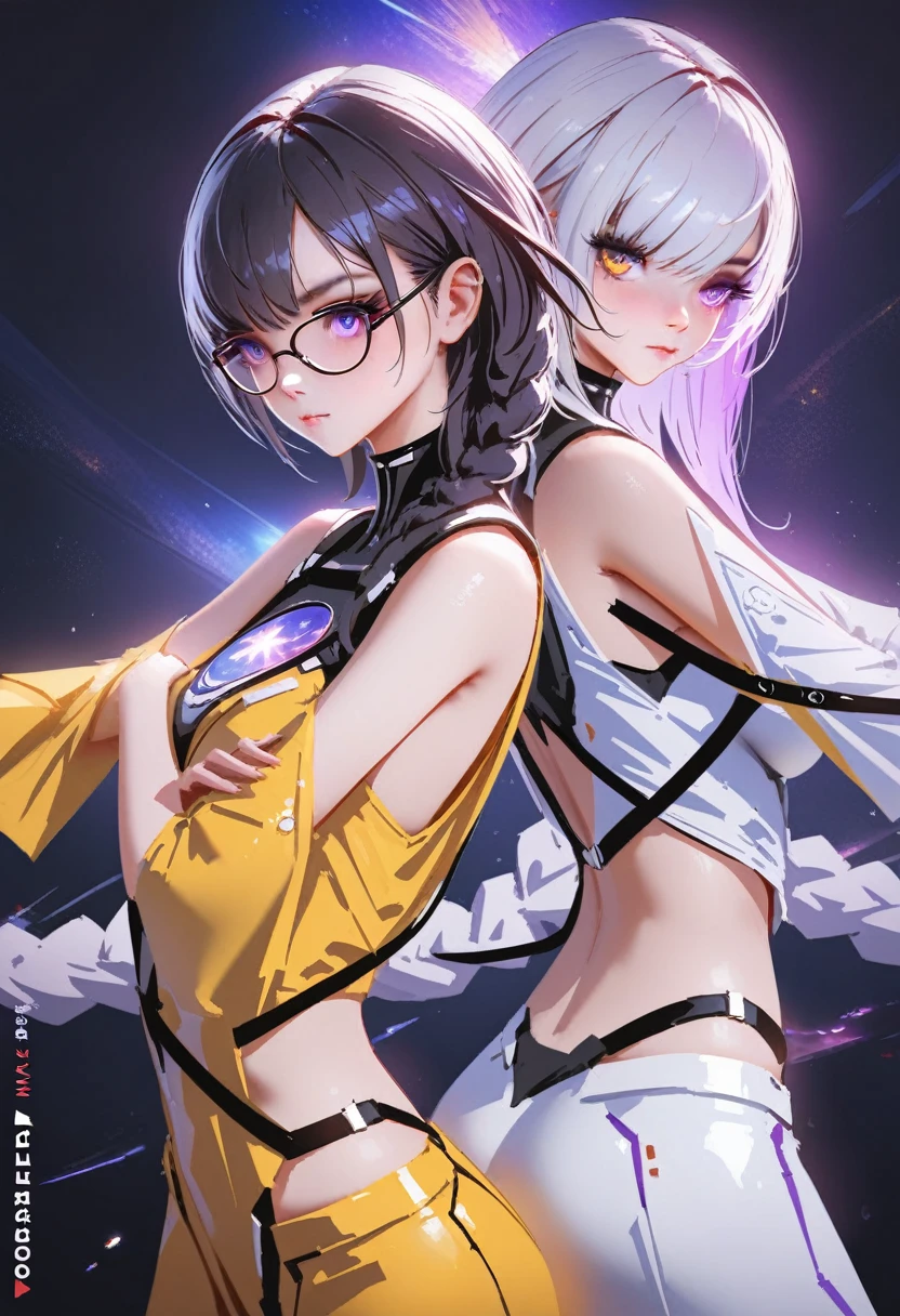 2 female,  ((back to back pose)), epic pose, sci-fi uniform, epic, movie poster, (cryptic_g, purple eyes long hair, white clothes, braided hair, twintals, silver hair), (kirara, catgirl, black hair, short hair, yellow clothes, hair over one eyes, golden eyes, glasses), dark room, sci-fi, space ship, masterpiece, best quality, amazing quality, very aesthetic, absurdres, intricate details, (by wlop:0.3), by rella