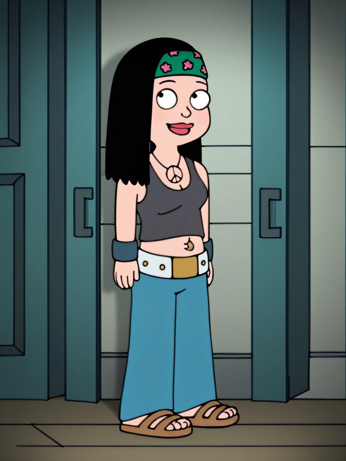score_9_up,score_8_up,score_6,score_5,score_4, hayley, 1girl, black hair, long hair, solo, necklace, jewelry, tank top, headband, midriff, pants, sandals, belt, navel piercing,looking at viewer, smile, cowboy shot,