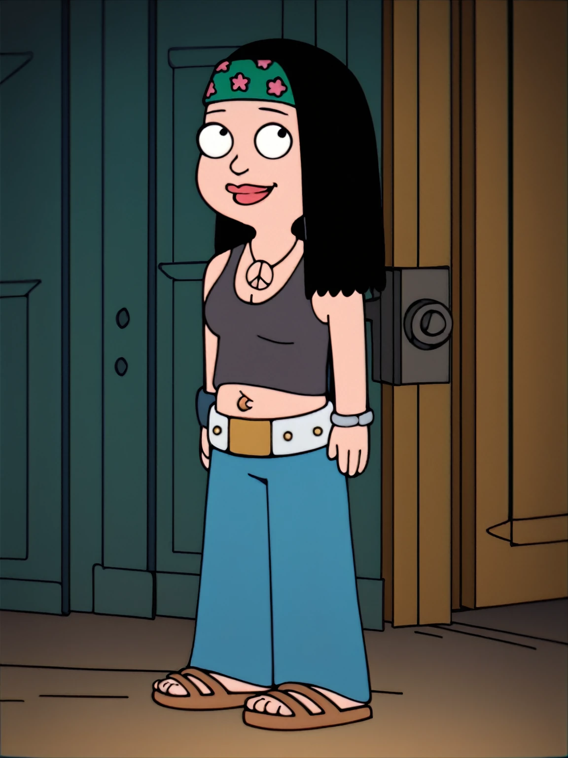 score_9_up,score_8_up,score_6,score_5,score_4, hayley, 1girl, black hair, long hair, solo, necklace, jewelry, tank top, headband, midriff, pants, sandals, belt, navel piercing,looking at viewer, smile, cowboy shot,
