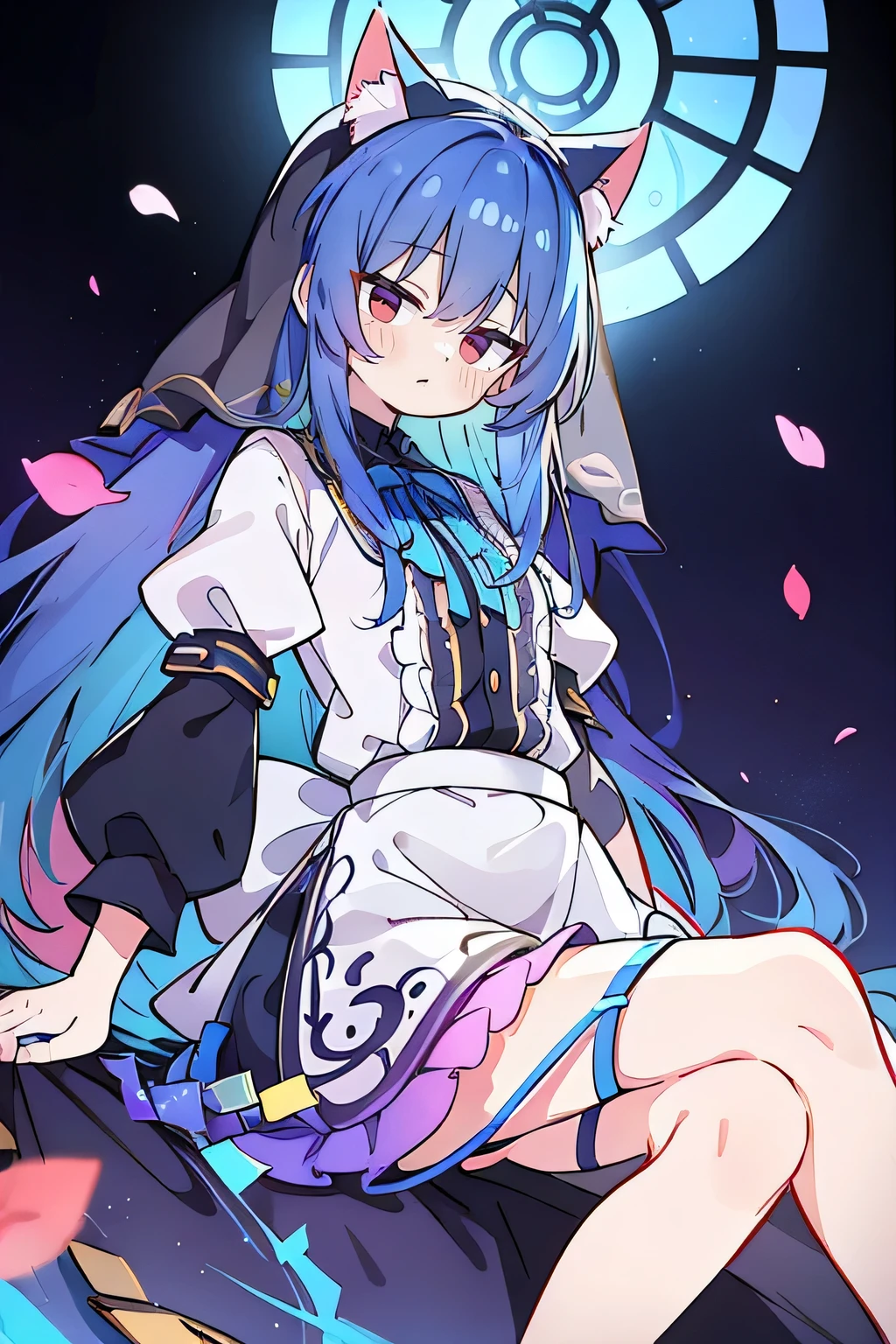 (masterpiece:1.2),Extremely detailed,Practical,expressive eyes,Fair skin,Perfect face shaping,1 Girl,
Japanese cartoons,Gorgeous blue hair, the long flowing blue hair,Floating clothes,Cat ears,Petals fall,beautiful lola,Young Angel,
Place your hands on your waist,sit elegantly on the ground,Cross your legs,Gentle and peaceful background,stately church,nun.