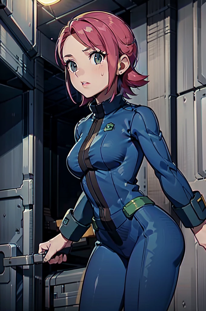 Mayl Sakurai reimagined as a vault dweller, doing maintenance in an underground vault. Her vibrant pink hair stands out against the dimly lit environment. She is a 26-year-old woman dressed in a vault dweller jumpsuit, indicative of her role in the post-apocalyptic world. The jumpsuit is worn but still functional, reflecting the harsh conditions of life underground. Her face is beautifully detailed, with expressive eyes that convey determination and intelligence. Her lips are also well-defined, adding to her overall allure.

In the vault, Mayl Sakurai is seen operating a pipboy, a wrist-worn device that serves as an essential tool and information hub for survival in the vault. The pipboy's screen emits a soft glow, illuminating Mayl's face and casting a subtle green hue on the surroundings. The details on the pipboy, from its buttons to its display, are extremely detailed, showcasing its futuristic design.

The underground vault is filled with mechanical equipment and pipes, emphasizing the importance of maintenance in this post-apocalyptic world. The atmosphere is gritty and industrial, with a hint of mystery and danger. The lighting is dim and has a hint of blue tones, enhancing the underground ambiance.

Despite the grim surroundings, Mayl Sakurai exudes confidence and strength as she jumps into action, ready to fulfill her duties as a vault dweller. Her posture and expression suggest that she is prepared to face any challenge that comes her way.

The image quality should be at its best, with 4K resolution and ultra-detailed rendering, capturing every intricate detail of the scene. The colors should be vivid, emphasizing the contrast between Mayl's vibrant pink hair and the dimly lit environment. The overall style should lean towards a post-apocalyptic concept art aesthetic, blending realism with a touch of fantasy.

In summary, the Stable Diffusion prompt for the provided theme would be:
Mayl Sakurai reimagined as a vault dweller, doing maintenance in an undergr