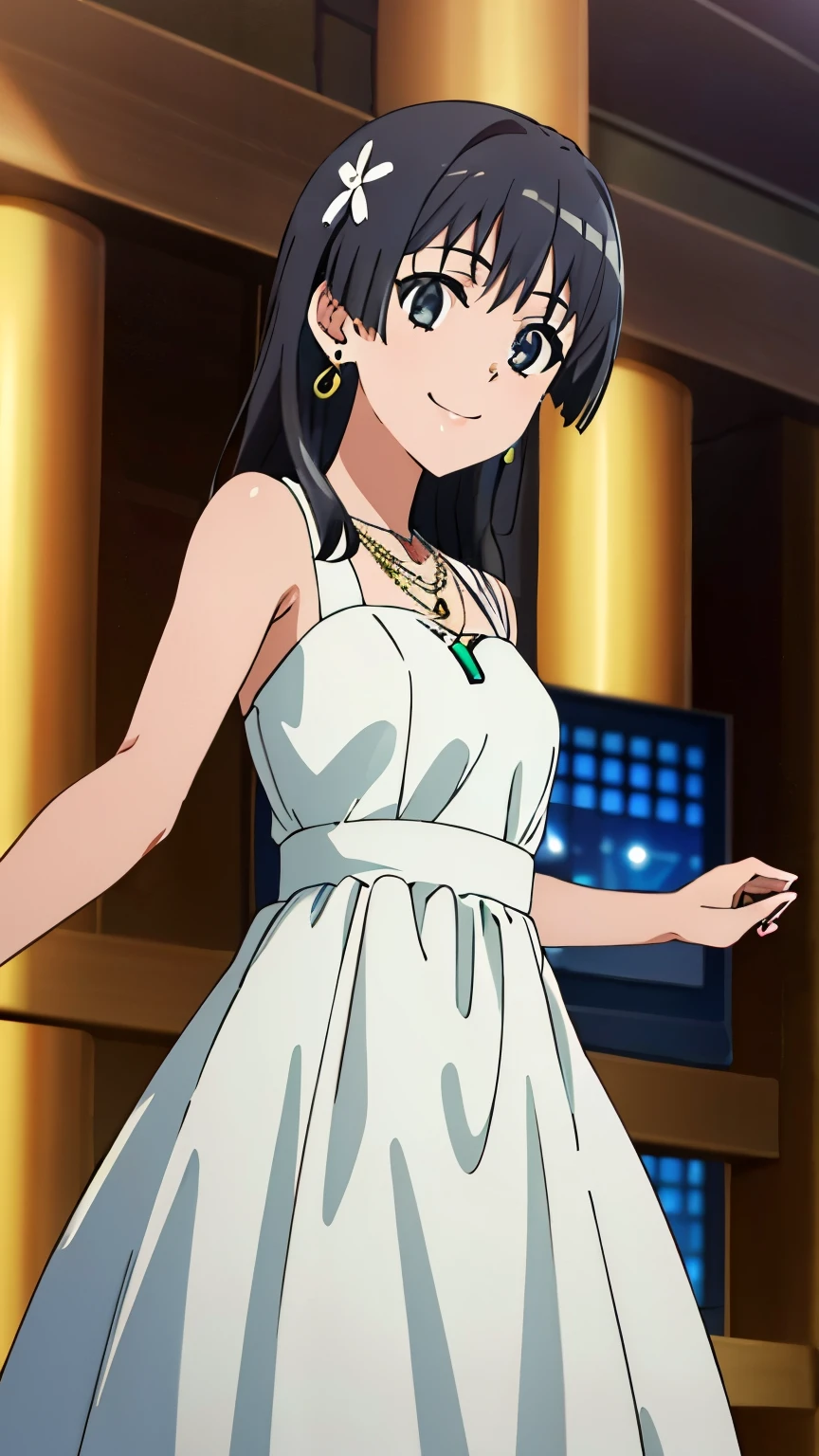 Pixel Perfect, Perfect Detail, Solo, 1 Girl, Saten Ruiko, Medium Bust, (Dress, Party Dress, Earrings, Necklace, Smiling), Dynamic Angle, Looking at the Audience, Image Centered, Cowboy Shot,