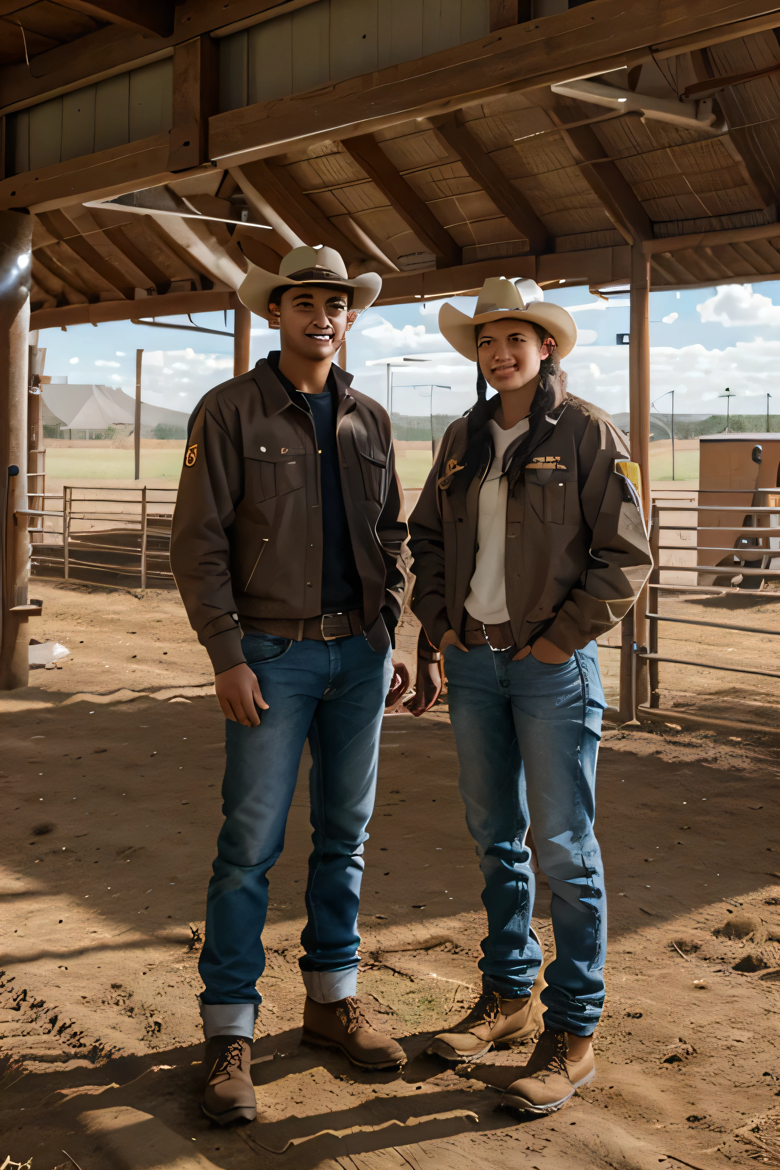 On a large animal production ranch, 18 year old Latino man and woman, attractive, professional-looking men with northern cowboy hats, dedicated livestock production ranch engineers,  Animal Production Engineering students, in daily practice in the field. as they prepare to be the future leaders in the animal production industry. Appropriate clothing for an animal production engineer, 