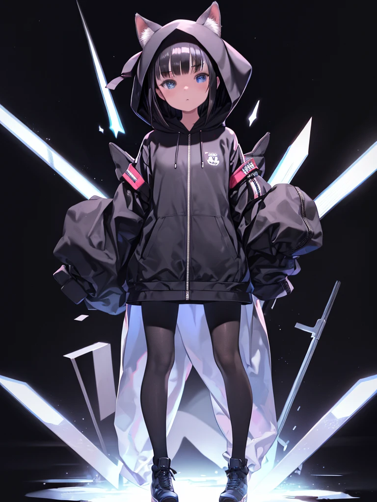  One girl, alone, hood with cat ears, whole body, Hood Top, boots, Shine, Are standing, star \, (symbol\), Shadowed face, zipper, Black Hair, View Viewer, pantyhose, Sleeves are longer than the wrist, Black background, Long sleeve, Shine eyes, Jacket,