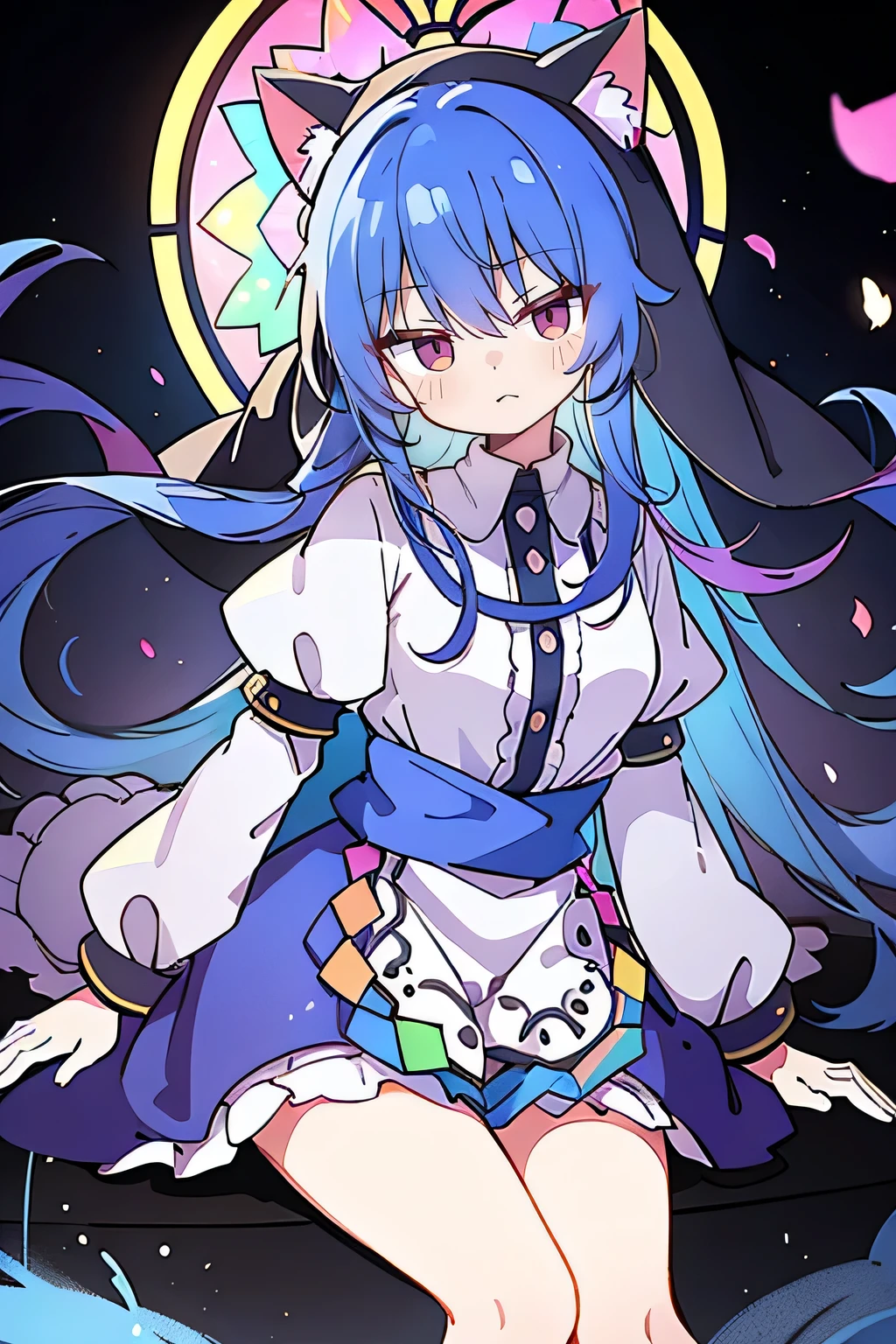 (masterpiece:1.2),Extremely detailed,Practical,expressive eyes,Fair skin,Perfect face shaping,1 Girl,
Japanese cartoons,Gorgeous blue hair, the long flowing blue hair,Floating clothes,Cat ears,Petals fall,beautiful lola,Young Angel,
Place your hands on your waist,sit elegantly on the ground,Cross your legs,Gentle and peaceful background,stately church,nun.