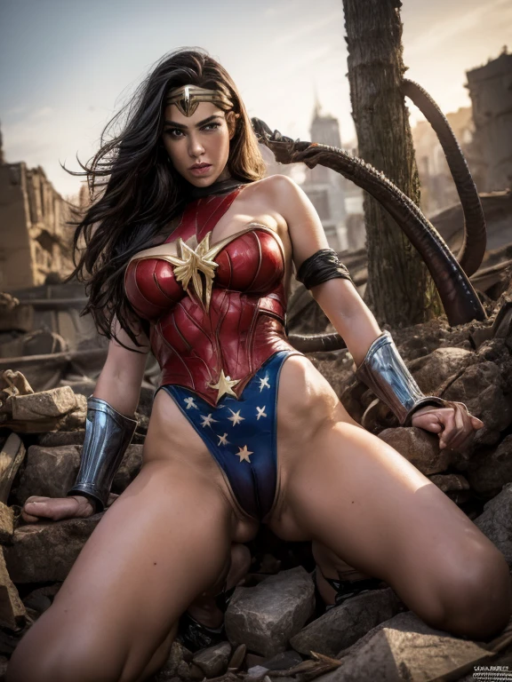 in the rubble muck and debrisCovered with tentacles, wonder woman, Tentacles around the body, many tentacles, Fine details,Tentacled,Tied with tentacles,giant black tentacles,drooling,Crying,Detailed body,Full limbs,cameltoe