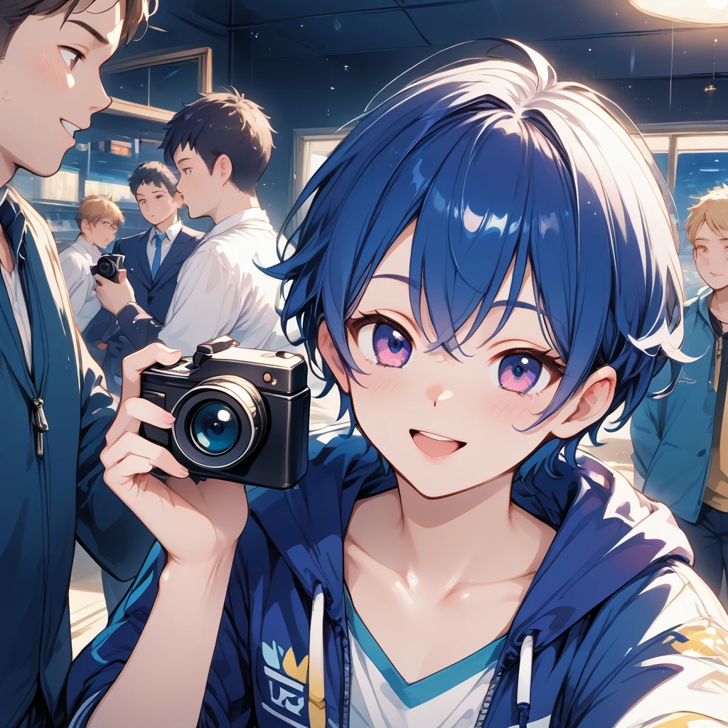 Holding a Contax camera, Blue short hair, male