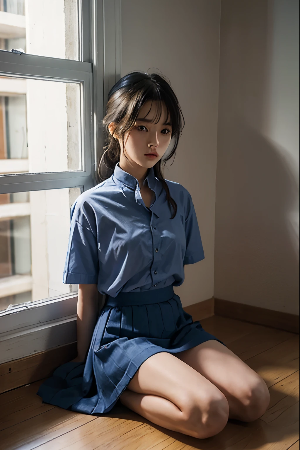 A cute girl is confined and tied up、A room with the lights on at night、Blue semi-long skirt、Red short sleeve shirt、Sitting on the floor、Beauty、Age 25、Medium build、Outside the window is night、Like real life、