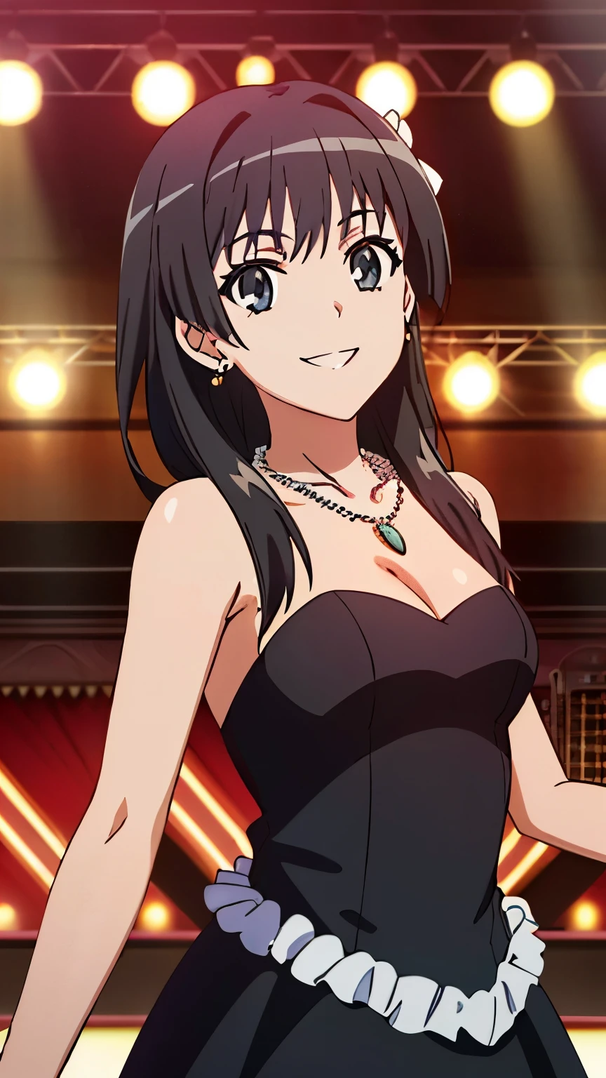 Pixel perfect, perfect detail, solo, one girl, Saten Ruiko, medium bust, (black dress, cabaret dress, earrings, necklace, cabaret hall,smiling), dynamic angle, looking at the audience, centered image, cowboy shot,