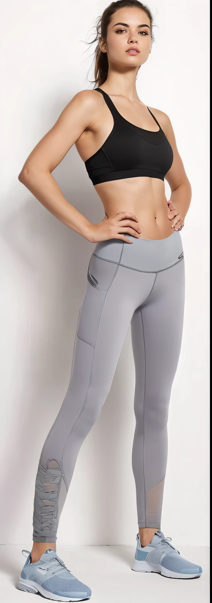 a woman in a black sports bra top and grey perneiras, perneiras, perneiras, Corte Yoga Curto, pants, apertados, apertados, ajuste figura delicada, upper and corpo lento, vsx, traseiro bem tonificado, com dois bolsos frontais, pants esportivas, COSTAS ARQUEADAS, apertado, corpo lento, white perneiras, Detalhe de corpo alto