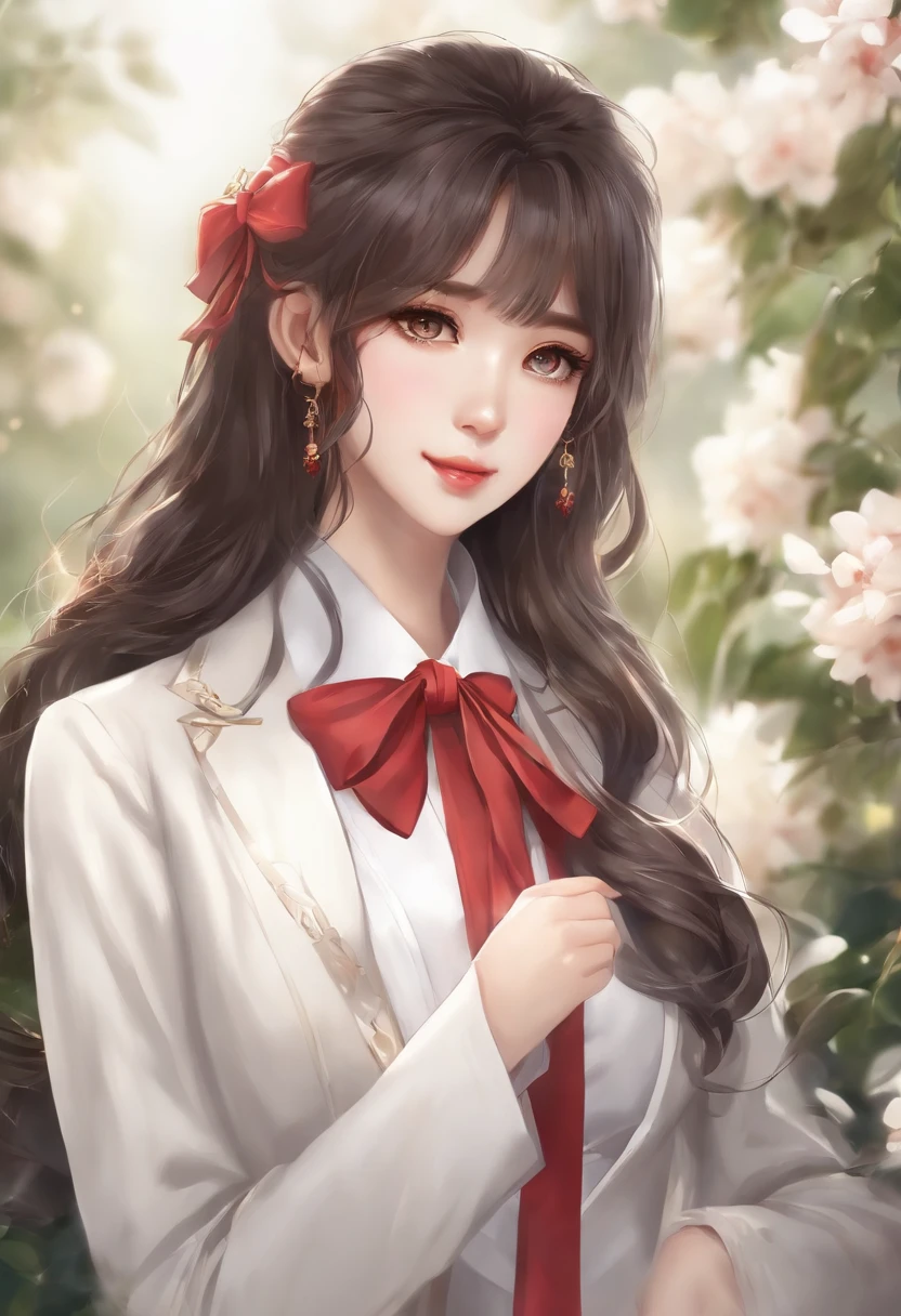 There's a woman with long hair wearing a white jacket and a bow tie, menina coreana, anime jovem realista, Menina chinesa, anime na vida real, anime com cabelo longo, branco hime corte penteado, bonito rosto de anime natural, Estilo anime 3D realista, anime bonita, com bonito - fino - rosto, retrato bonito do anime, Mulher sul-coreana bonita