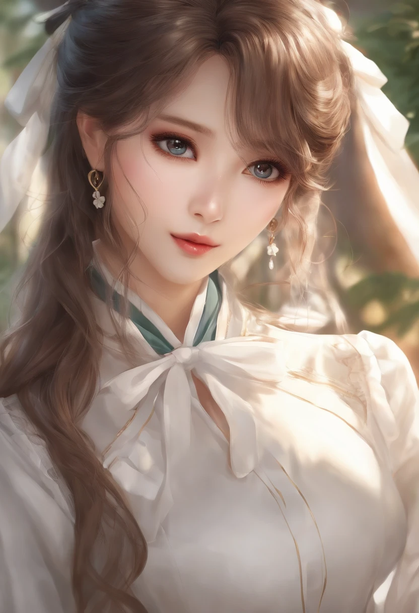There's a woman with long hair wearing a white jacket and a bow tie, menina coreana,  anime jovem realista, Menina chinesa,  anime na vida real,  anime com cabelo longo, branco hime corte penteado, bonito rosto de anime natural, Estilo anime 3D realista,  anime bonita, com bonito - fino - rosto, retrato bonito do anime, Mulher sul-coreana bonita