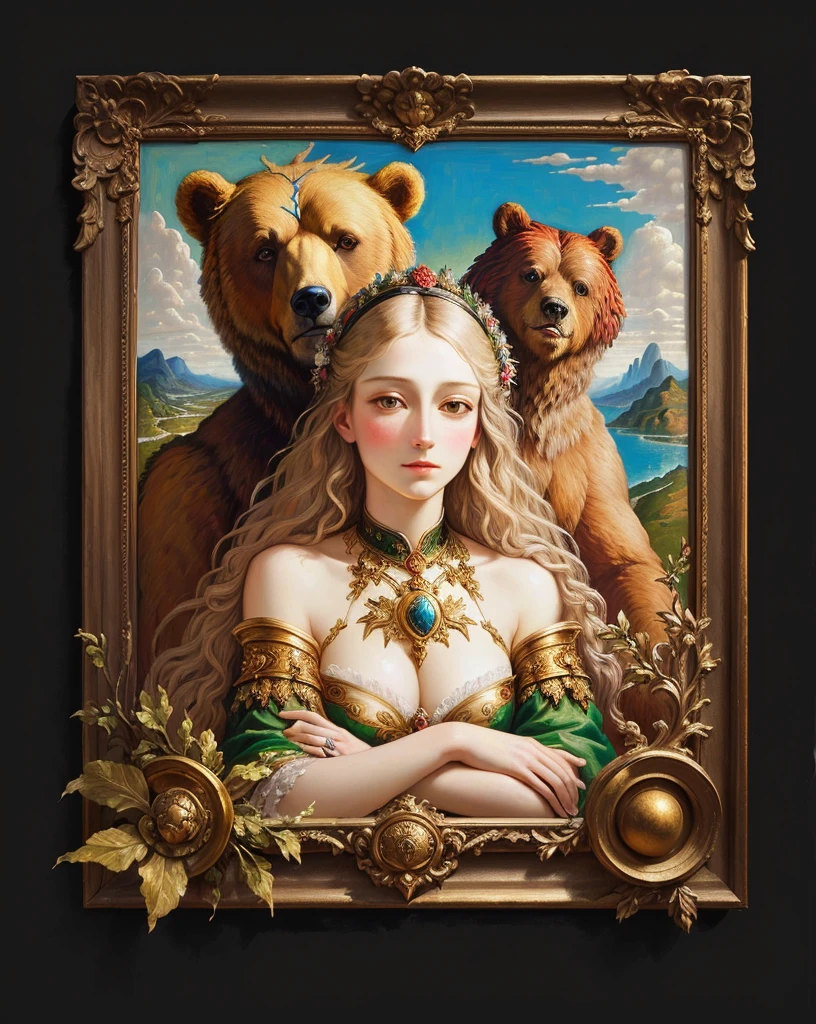 there is an image of a woman and a bear, oil paint impasto reliefs, inspired by Gustave Moreau, based on Hans Baldung, Cheats Vata, Venus, oil paint impasto relief, Heidi, cutting relief, spiritual scene, inspired by Richard Dadd, triumphant, based on Piero di Cosimo, Ivan