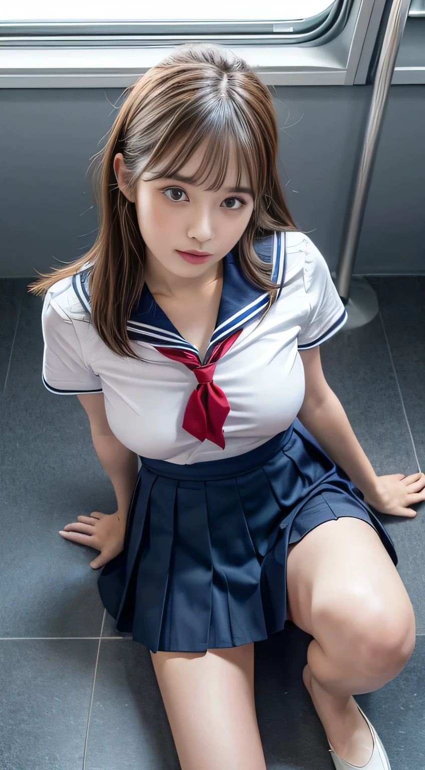 highest quality,Super detailed,masterpiece,Realistic,Photorealistic,Bright lighting,One Girl, Very beautiful 17 year old girl, (cute:1.2),A faint smile, (Brown eyes),(Brown haired),(prohibit),Perfect glowing skin,Perfect Skin,((erotic,Sexy and sexually explicit,Browsing Caution)),((Precise needles without discomfort)), Big ample breasts,Big Breasts, Narrow waist, Look at the viewers,((Sailor suit)),((Short sleeve uniform white shirt)),(Red tie),(Blue mini pleated skirt),(((Roll up the skirt yourself))),(I lifted it myself),(Showing panties),Wearing panties,Panty Focus,((Sit with your knees up、Spread your crotch and show off your panties)), barefoot(Loafer shoes), Daytime,in the train,Long seat away from the window,Short skirt,Foot details, ((from the front, From above, Focus Front, Focus Panties, Focus Leg)),(From above:1.8)