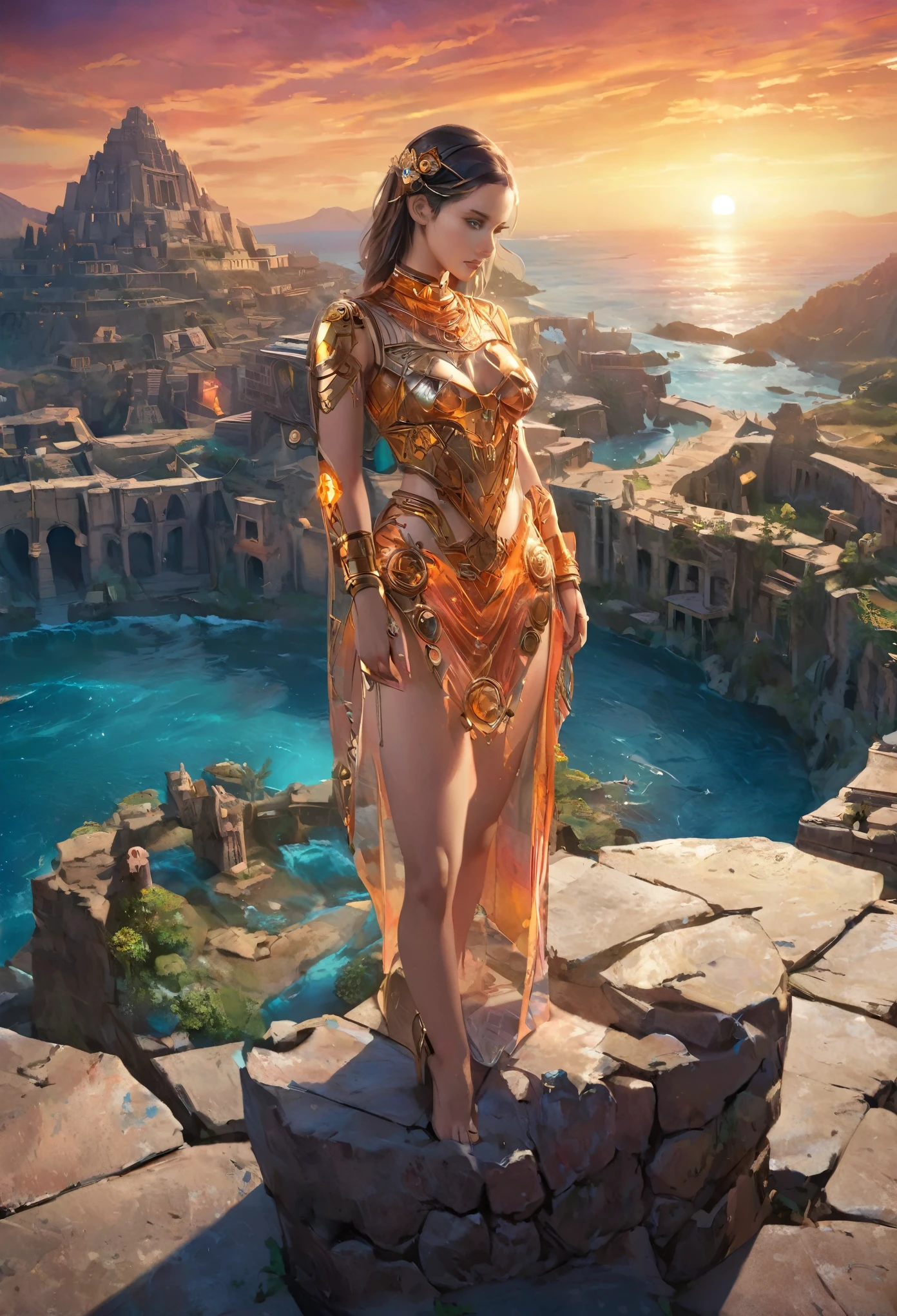 (best quality,4k,8k,highres,masterpiece:1.2),ultra-detailed,realistic:1.37,a beautiful Italian cyborg girl standing in the ruins of the Inca Empire, Insertion, metallic body, glowing cybernetics, graceful facial features, mysterious eyes, cybernetic enhancements, ethereal appearance, the ancient stone structures, stones and vines, delicate lotus blossoms, steampunk-inspired elements, ancient technology fused with futuristic enhancements, vibrant colors contrasting with the weathered ruins, fierce determination in her eyes, holding a holographic map to unlock the secrets of the lost civilization, artistic portrait with surreal elements, soft lighting creating a dreamlike atmosphere, colorful sunrise painting the sky with shades of orange and pink, scattered ancient artifacts hinting at a forgotten past, Naomi Scott, ocean view, 