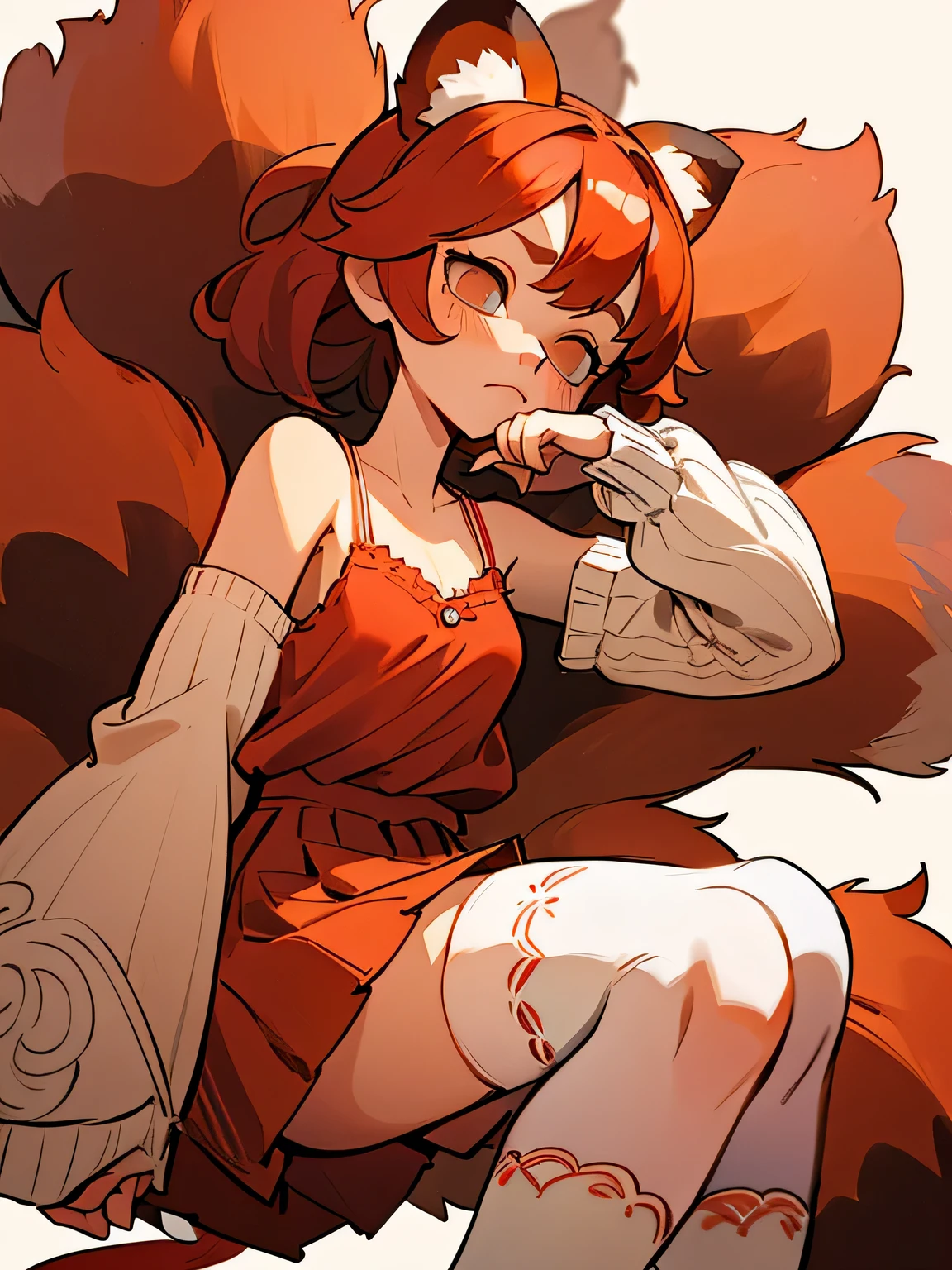1GIRL, cute girl, finely detailed, (best quality), (intricate details), cute style, vtuber style, red panda style, sleepy style, multicolored, ((medium length red hair)), ((red panda ears)), ((red panda tail)), ((nine tails)), best quality, ((red and white clothes)), ((giant oversized cardigan, lacey cami top, short skirt)), ((thigh high socks)), ((round eyes)), beautiful face, sleepy eyes, cute face, pinup, perfect face, simple background portrait