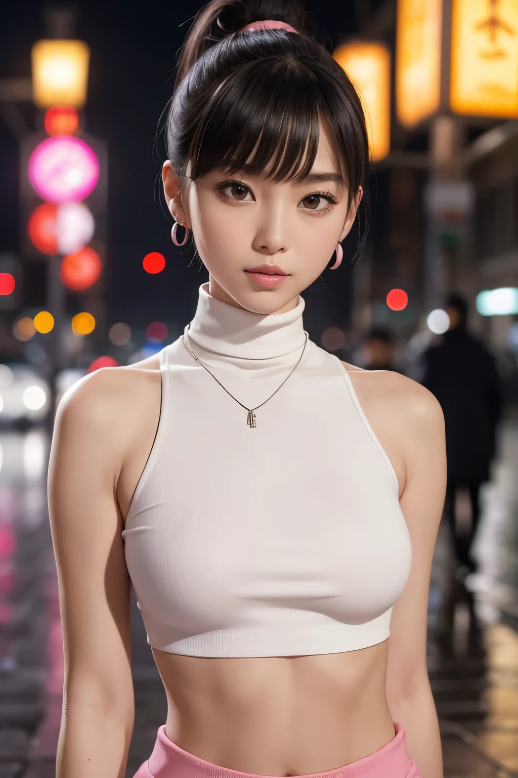 Focus on a Chinese girl. wearing a white turtleneck crop top. Short hair with bangs and ponytail. Very small breasts, flat chest. Necklace. Earrings. Pink lips. Sexy gaze. On a rainy night in the street.