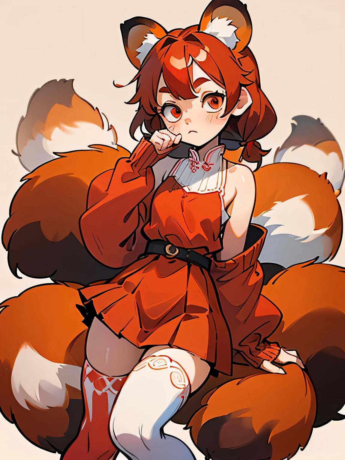 1GIRL, cute girl, finely detailed, (best quality), (intricate details), cute style, vtuber style, red panda style, sleepy style, multicolored, ((medium length red hair)), ((red panda ears)), ((red panda tail)), ((nine tails)), best quality, ((red and white clothes)), ((giant oversized cardigan, lacey cami top, short skirt)), ((thigh high socks)), ((round eyes)), beautiful face, sleepy eyes, cute face, pinup, perfect face, simple background portrait