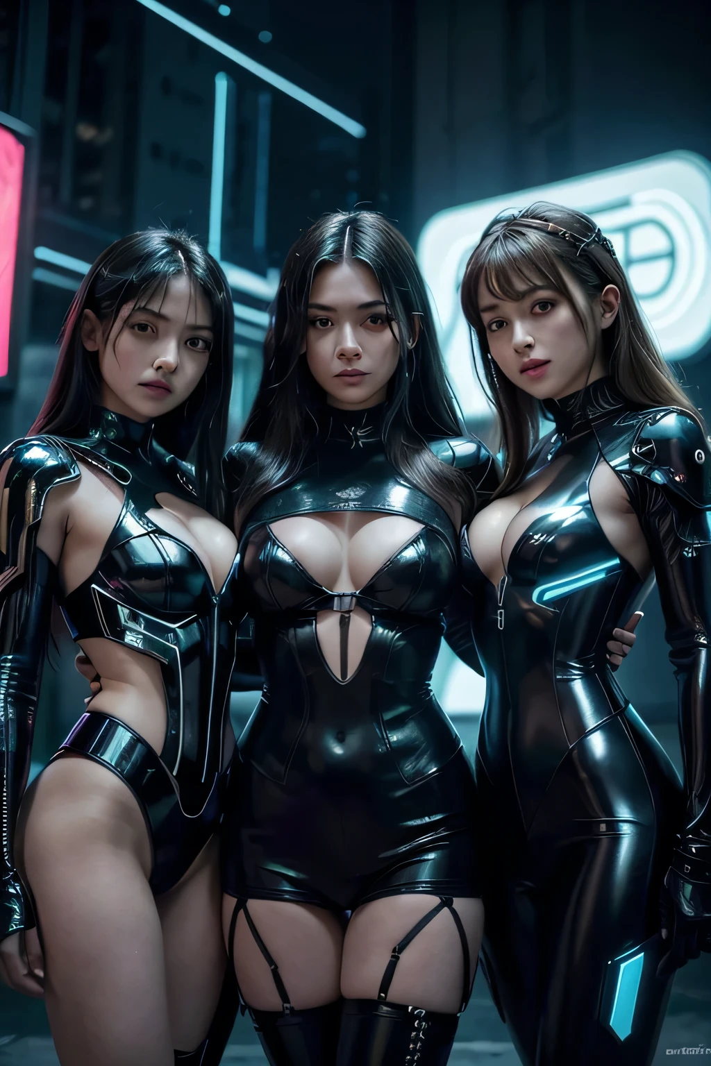 ((mejor calidad)), ((obra maestra)), (detallado), cara perfecta, tres mujeres, 3 girls, 3 women, traje sexy, del futuro, muchas luces, tron, anime hot, grandes senos, grandes tetas, anime, fondo negro de noche, muchas luces de colores, Cyberpunk Fashion, cyberpunked