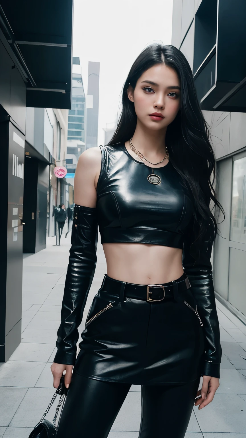 (Ultra-detailed eyes), (((textile shading))), (((Best Quality))), (((masterpiece))), (((Ultra realistic))), 45kg girl, little bit fat, light skin color, sassy girl, chic girl, black messy long hair, futuristic hairstyle, Bambi Chainmail Crop Top, Blue Moonogram, 1DR Logo-buckle Leather Belt, Rose Mix Necklace, many futuristic accessories, the outfit color is silver and black, natural make up, skinny fat innocent, in alien villages, action movie, freaky vibes, midshot, centered image, good girl, innocent girl, front look, cinematic movie poster pose, pale skin, cute face, futuristic fashion choices, mean girls movie vibes