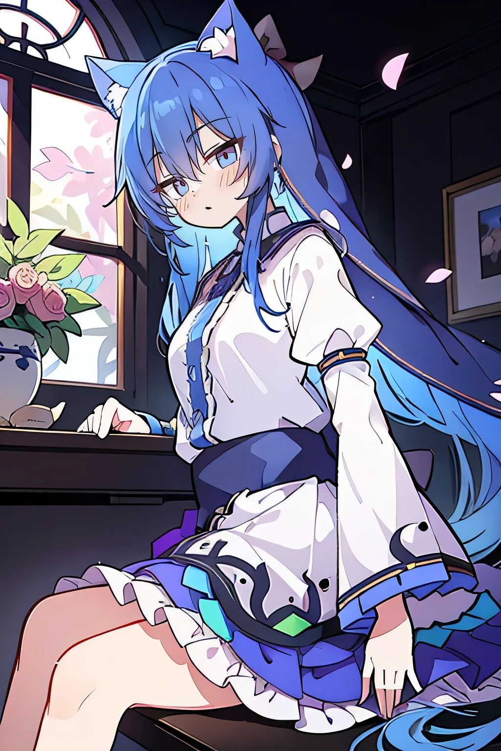 (masterpiece:1.2),Extremely detailed,Practical,expressive eyes,Fair skin,Perfect face shaping,1 Girl,
Japanese cartoons,Gorgeous blue hair, the long flowing blue hair,Floating clothes,Cat ears,Petals fall,beautiful lola,Young Angel,
Place your hands on your waist,sit elegantly on the ground,Cross your legs,Gentle and peaceful background,stately church,nun.