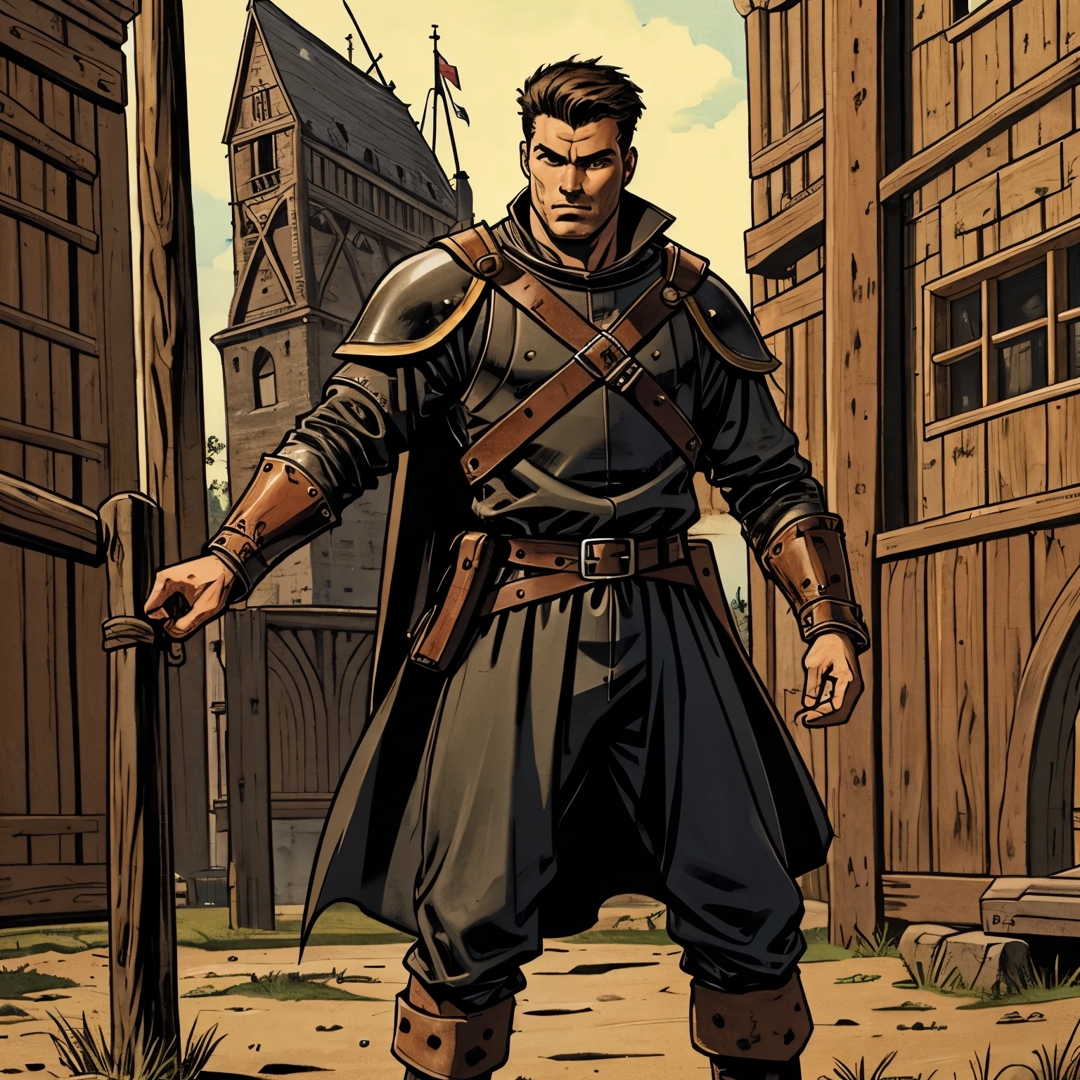 young male warrior in medieval high leather clothes