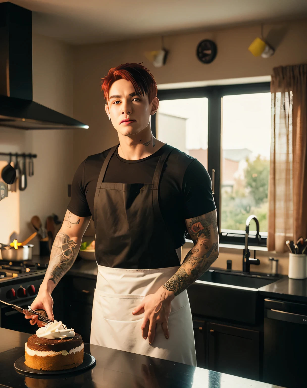 a boy with tattoo, (([red|black] hair)), long hair, wearing a black apron,  cooking, look at viewer, kitchen, cake and pie on background,  indoors, (soothing tones:1.0), (hdr:1.25), (artstation:1.2), dramatic, (intricate details:1.14), (hyperrealistic 3d render:1.16), (filmic:0.55), (rutkowski:1.1), (faded:1.3)