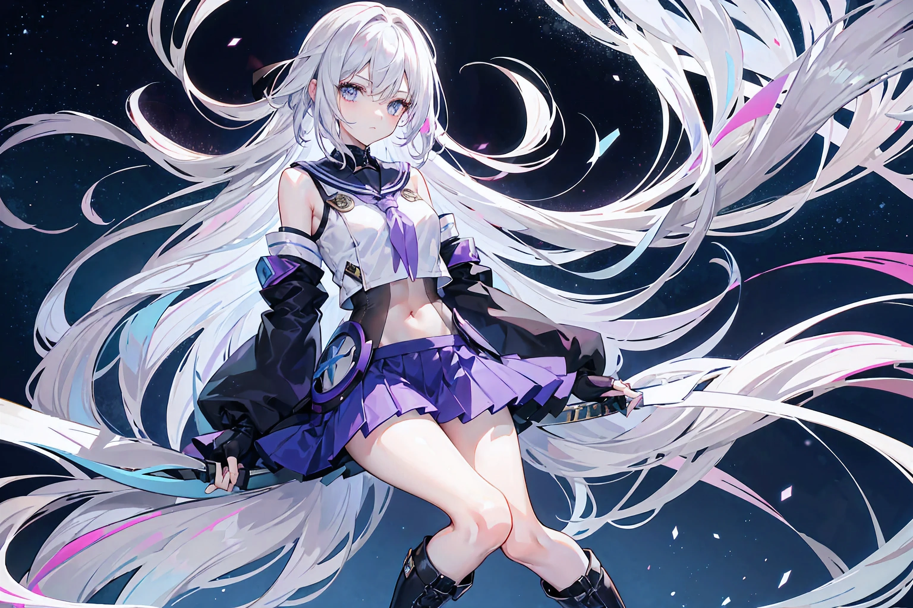 Lilac gradient hair,Asymmetrical hair,（（Hair is very thick 1.8，Clear head outline 1.6））， Hair over the shoulders, Messy hair, Very long hair, Shiny hair，(Long gray hair:1.2),A beautiful girl，（school uniform, Short skirt，Navel，Bare shoulders）(Separate sleeves,Wide sleeves),(Fingerless gloves)，（Transparent clothes transparent 1.8），Perfect body，Slender thighs，Slender，(Looks sad，Looks haggard ，Grief，shut your mouth：1.2） Against the backdrop of an unusually bright dark starry sky，（Put your hands behind you），（round,Room, Firm breasts），Black boots，float，water surface，（Long Law，Long Law，Long Law，Complete），Full body image，。