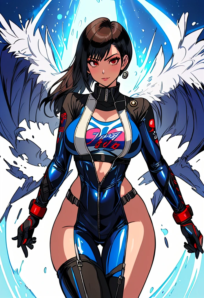 (a cartoon picture of a solo woman in a blue latex suit inspired by: nico robin, tifa lockhart, marin kitagawa fanart, hinata hyuga, mayuri shiina, character from king of fighters, drawn like the anime speed racer), seductive anime girl,  thicc, biomechanical oppai, on a racetrack, oppai, wearing tight suit, cyberpunk racetrack, (illustration inpired by : f zero, redline, wipeout, speed racer and king of fighters)