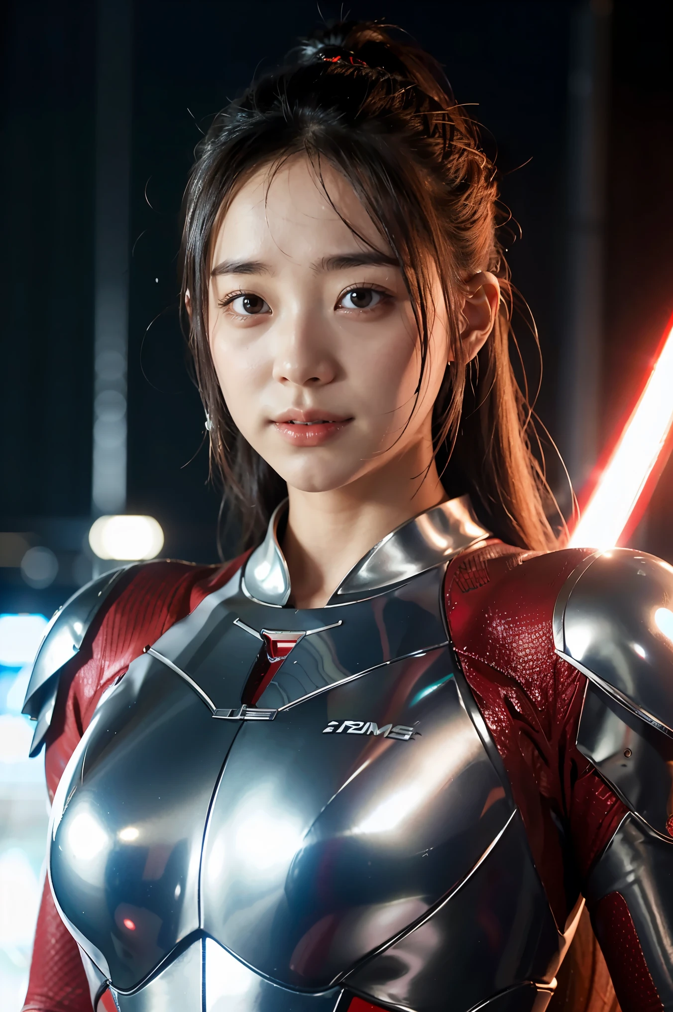 Ultraman、realistic、realistic、cinematic lighting, Girl in a shiny red and silver suit、、professional photos、Don'Do not expose your skin, japanese model, japanese cgi、Ultraman Suit、, Power Rangers Suit、tight and thin cyber suit,Whole body rubbery、There's pink There、 delicate body, big breasts、small ass、thin thighs、thin arms、thin waist、camel toe、Both sides of the cyber suit stick to the skin、Big eyes、black short hair、facing the front、facing the front立っている、A glowing sphere is embedded in the chest.、Essay Examination、 blue sky background