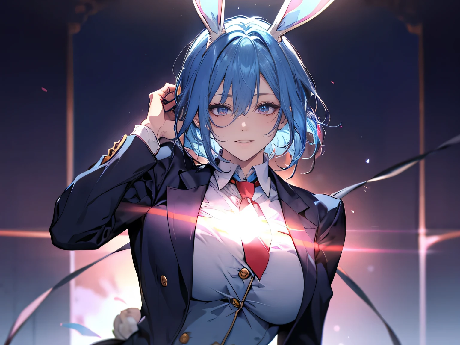 1female, teacher, wearing a light blue suit, red tie, bootyshorts, light blue bunny ears, Thicc, light blue hair, short hair, glowing purple eyes, face to detail, detailed eyes, the background is a dark place, smiling, and laughing. Close up.