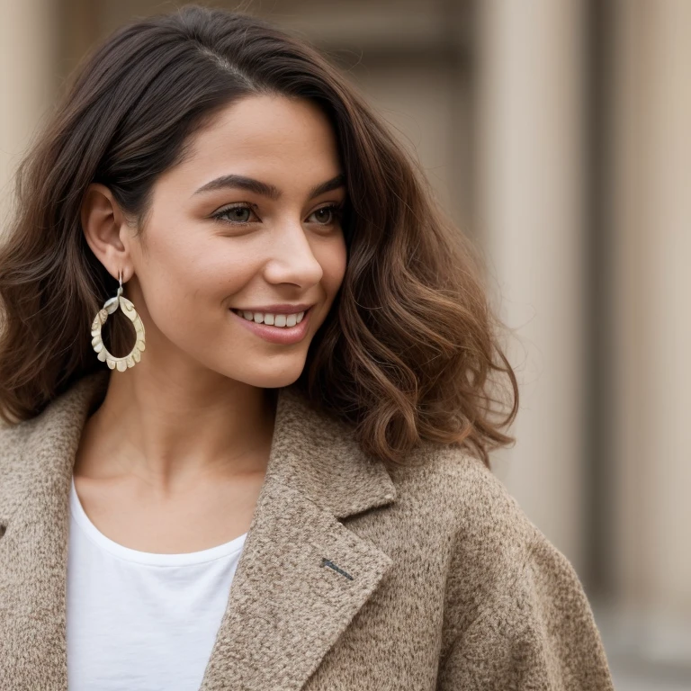Imagine a captivating 23-year-old digital influencer, originally from Latin America, avec un sourire chaleureux et accueillant. Elle a la peau brune et des yeux verts qui expriment à la fois intelligence et malice. Her curly peach hair is styled in a chic and casual way, complemented by subtle makeup that highlights her natural beauty. She wears discreet earrings and a casual but refined outfit, parfaite pour une ambiance détendue mais sophistiquée. Sur son profil de site de rencontre, she presents herself as passionate about fashion and well-being, aimant voyager et découvrir de nouvelles cultures, ce qui fait d'elle une candidate intrigante et attirante.