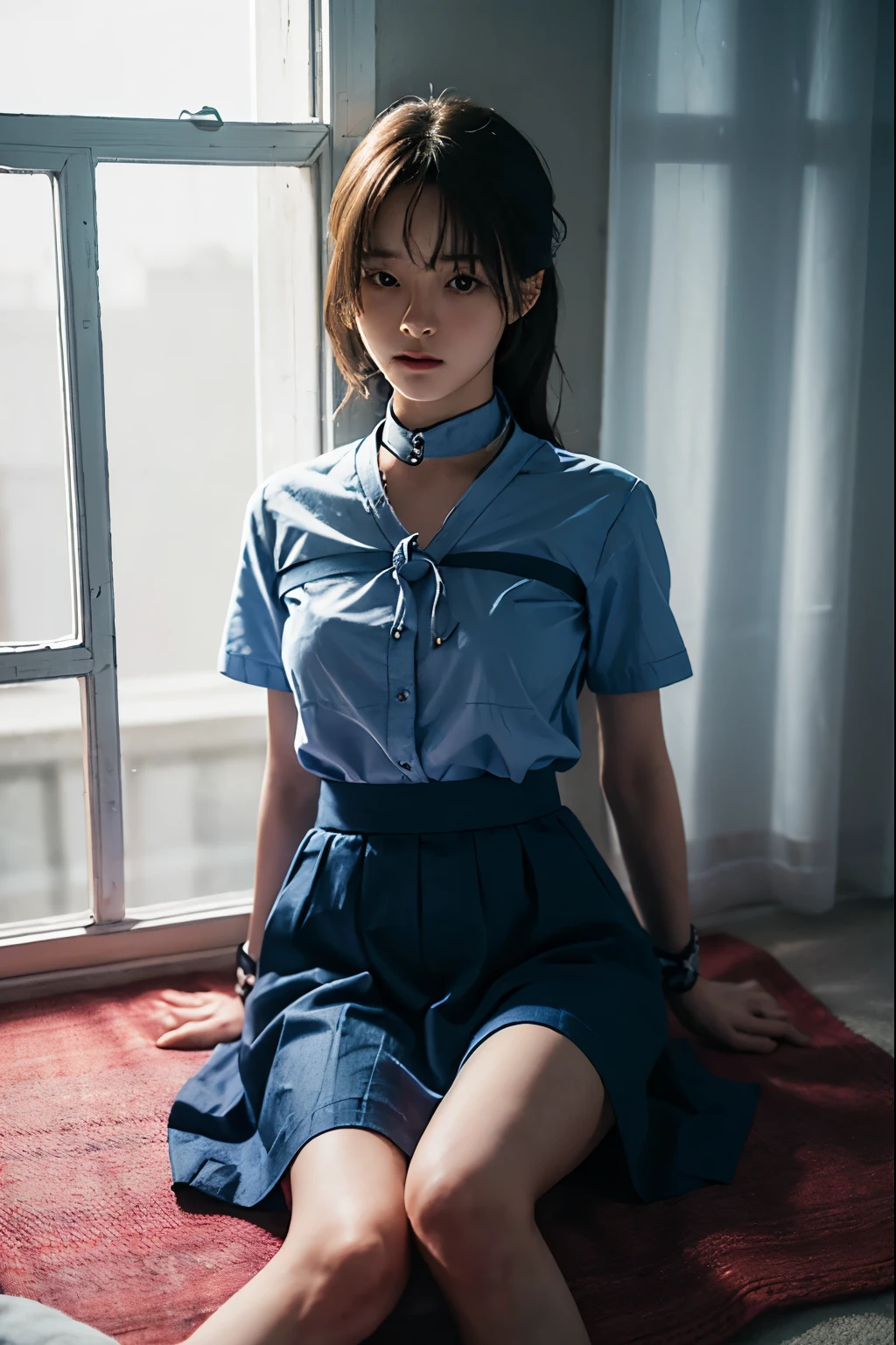 A cute girl is confined and tied up、A room with the lights on at night、Blue semi-long skirt、Red short sleeve shirt、Sitting on the floor、Beauty、Age 25、Medium build、Outside the window is night、Like real life、highest quality、
