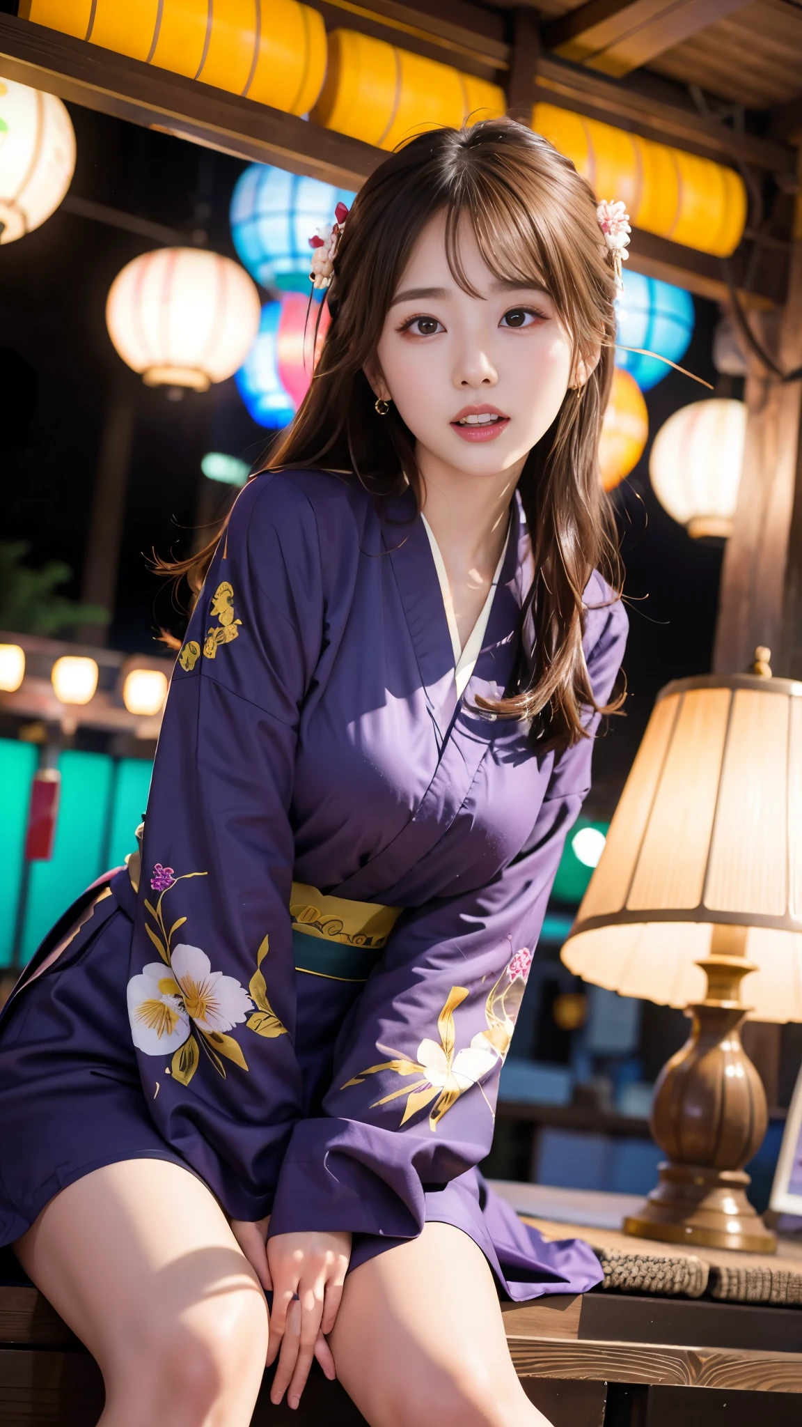 Japanese Ido ,((24-years-old, cute ,Baby Face:1.2)),  Tabletop:1.2,Highly detailed face and eyes,Shiny skin,Medium Hair,Earrings, ( Kimono costume :1.3),(Dynamic Angle:1.5),( Summer festival:1.3), BREAK ceremony,((Random sexy poses、put in、Deep pleasure, Ecstatic eyes:1.2)), ((I gasp hard:1.2))、Ecstatic face、Climax expression, My whole body is convulsing、Official Art，Highly detailed CG Unity 8k wallpaper, (masterpiece:1.0),(highest quality:1.0), photo shoot, 8k, Browsing Caution, High resolution, Kodak Portrait 400, Film Grain, Lens flare brilliance,Very low camera angle, View your viewers