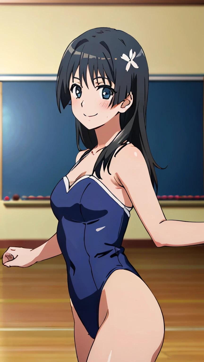 Pixel perfect, perfect detail, solo, one girl, Saten Ruiko, medium bust, (Ballerina, leotard, Y-balance, blushing,dance lesson room,smiling), dynamic angle, looking at the audience, centered image, cowboy shot,