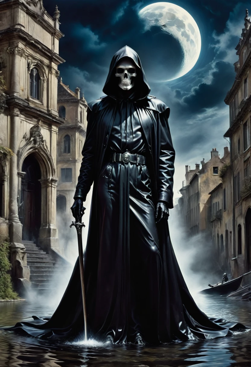 Black Grim Reaper, by Helmut Newton, best quality, masterpiece, very aesthetic, perfect composition, intricate details, ultra-detailed