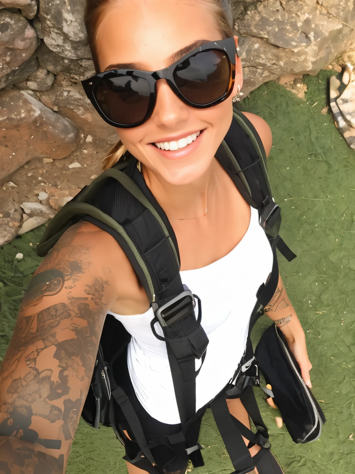 arafed woman with a backpack and sunglasses taking a selfie, profile image, karolina cummings,  view from above, jenna barton, brooke ashling, working out in the field, alana fletcher, bikini + tattered military gear, 🤬 🤮 💕 🎀, gorgeous jungle ranger, kimberly asstyn, with a backpack, smiling down from above