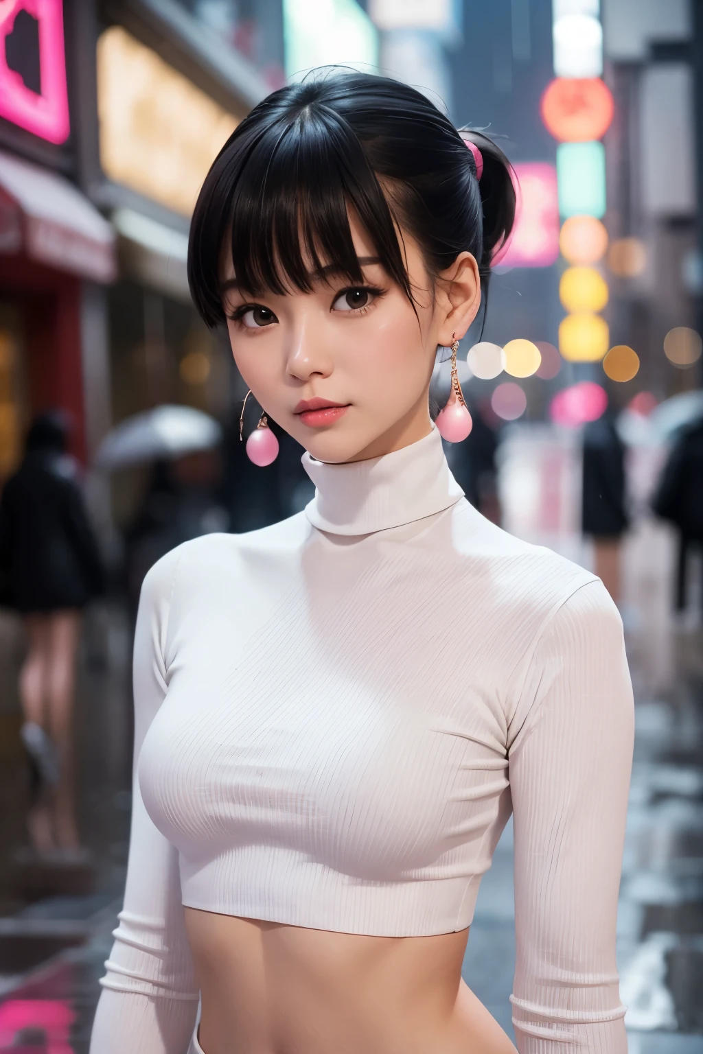 Focus on a Chinese girl. wearing a white turtleneck crop top. Short hair with bangs and ponytail. Very small breasts, flat chest. Necklace. Earrings. Pink lips. Sexy gaze. On a rainy night in the street.