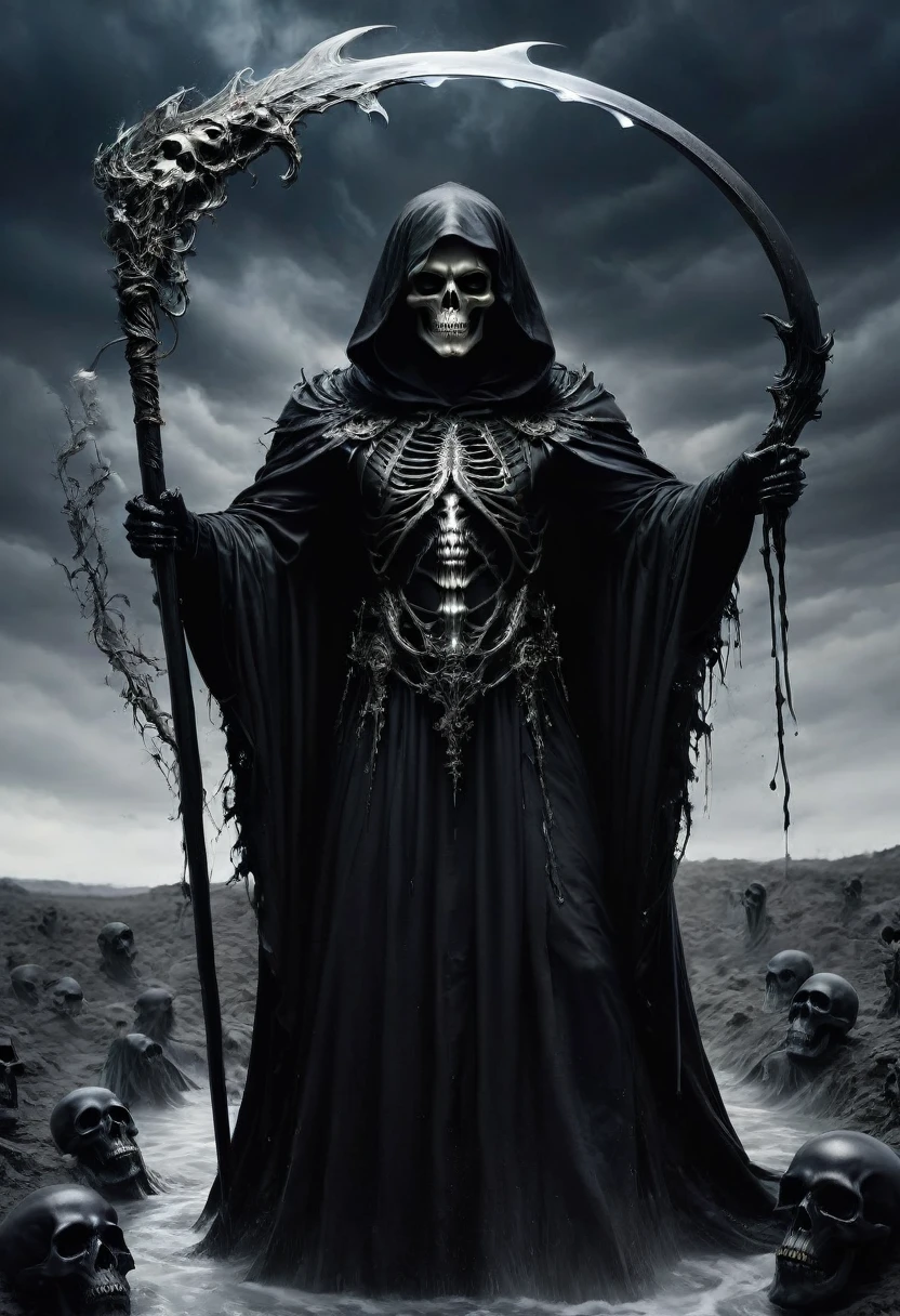 Black Grim Reaper, by Tyler Shields, best quality, masterpiece, very aesthetic, perfect composition, intricate details, ultra-detailed