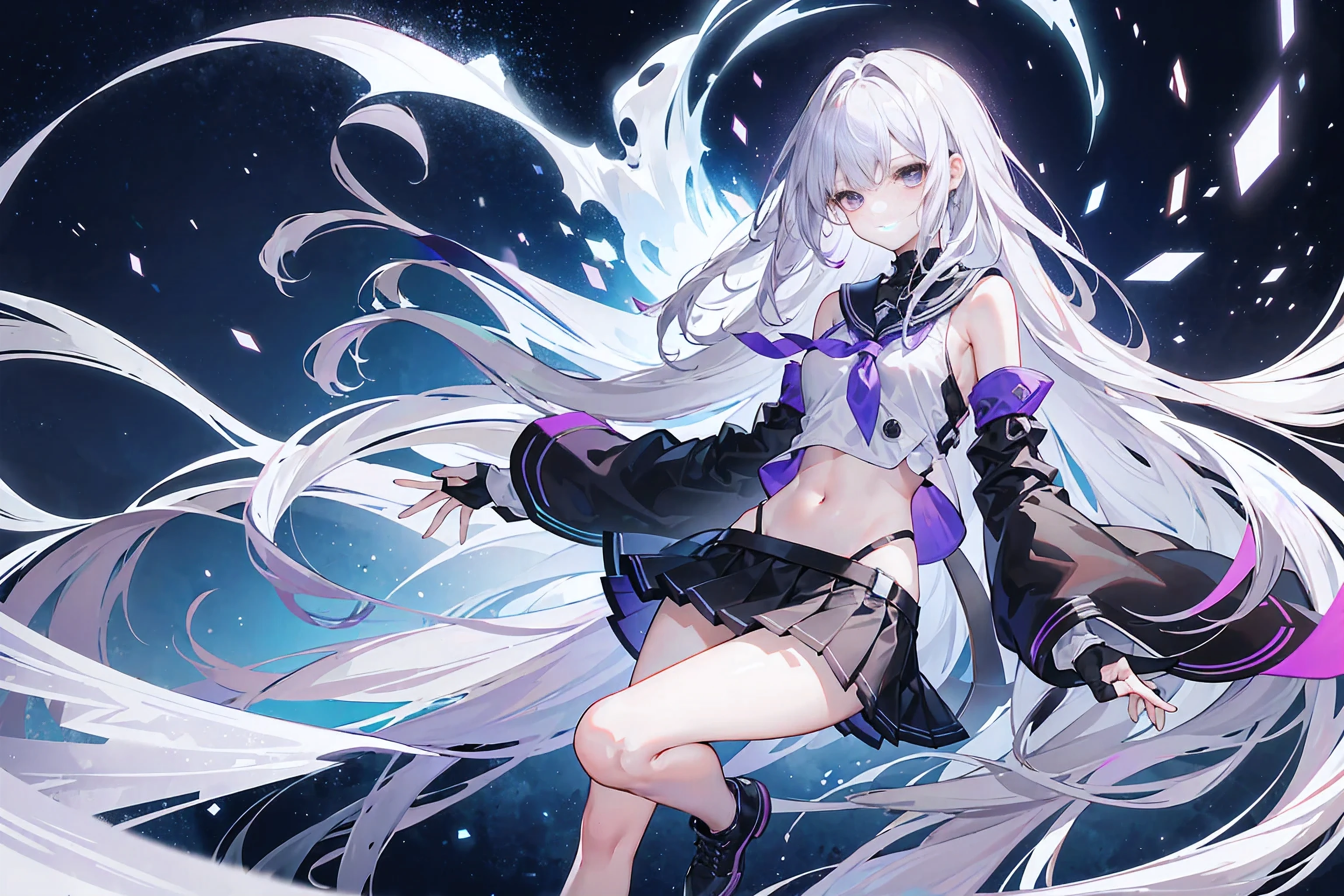 Lilac gradient hair,Asymmetrical hair,（（Hair is very thick 1.8，Clear head outline 1.6））， Hair over the shoulders, Messy hair, Very long hair, Shiny hair，(Long gray hair:1.2),A beautiful girl，（school uniform, Short skirt，Navel，Bare shoulders）(Separate sleeves,Wide sleeves),(Fingerless gloves)，（Transparent clothes transparent 1.8），Perfect body，Slender thighs，Slender，(Looks sad，Looks haggard ，Grief，shut your mouth：1.2） Against the backdrop of an unusually bright dark starry sky，（Put your hands behind you），（round,Room, Firm breasts），Black boots，float，water surface，（Long Law，Long Law，Long Law，Complete），Full body image，。