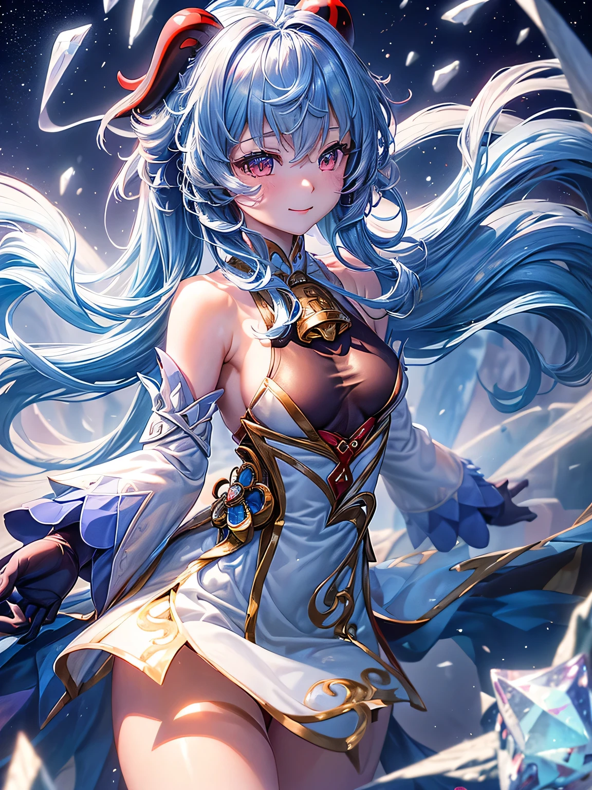 [ganyudef]:1.5,((masterpiece,highest quality,Detailed images,Beautiful images))1.4(ganyu images、smile、Crystal Palace、surrounded by crystals、The wind is blowing、Bright lighting overall、Backlight、A fantastic atmosphere、Thick Fog)1.1(Beautiful body lines、small beauty breasts、Beautiful side breasts)
