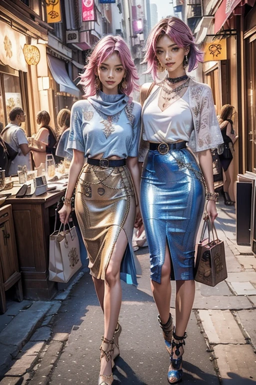 highest quality, Very detailed, masterpiece, Two women posing,(((Perfect female body))),Very beautiful face, Very beautiful body,Gentle expression, Very beautiful eyes,(Perfect Makeup:1.1),Fashion Model,DJ Style,Cyberpunk Fashion, Mullet Cut,Shaggy Hair,pink and blue hair:1.3, very thin body,Smart Abs,((Monogram pattern:1.3)),Blue to red gradient,Fishnet blouse,((Long leg pencil skirt,anklet)),LED Light,Two-tone short boots,A kind smile,couboy shot:1.3,Portrait,(Cyber City:1.3), (Shiny skin),(Earrings),Elegant scarves,See-through long shawl,Liquid Metal,Pirate Belt,,