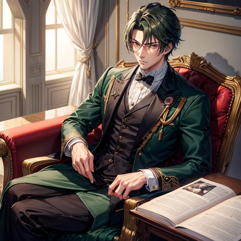 A man with dark green hair and gray eyes, has a handsome face and dressed like a royal advisor's clothes. Full body, anime.