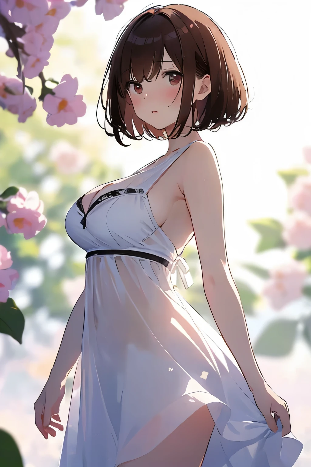 best quality, masterpiece, solo, 1 Female、Age 25、Larger breasts、(Cleavage)、(Slender figure)、sheer white dress、From the side、Poses that emphasize the chest、(White highlight in pupil:1.2)、Dark reddish brown eyes、(Black-haired:1.2)、(Medium Hair)、(View your viewers:1.2)、White skin、(blush)、(Embarrassed expression)、(I blur the background a lot to make the woman stand out.:1.3)、(The sunlight shines in)、(Beautiful flowers in the background) 