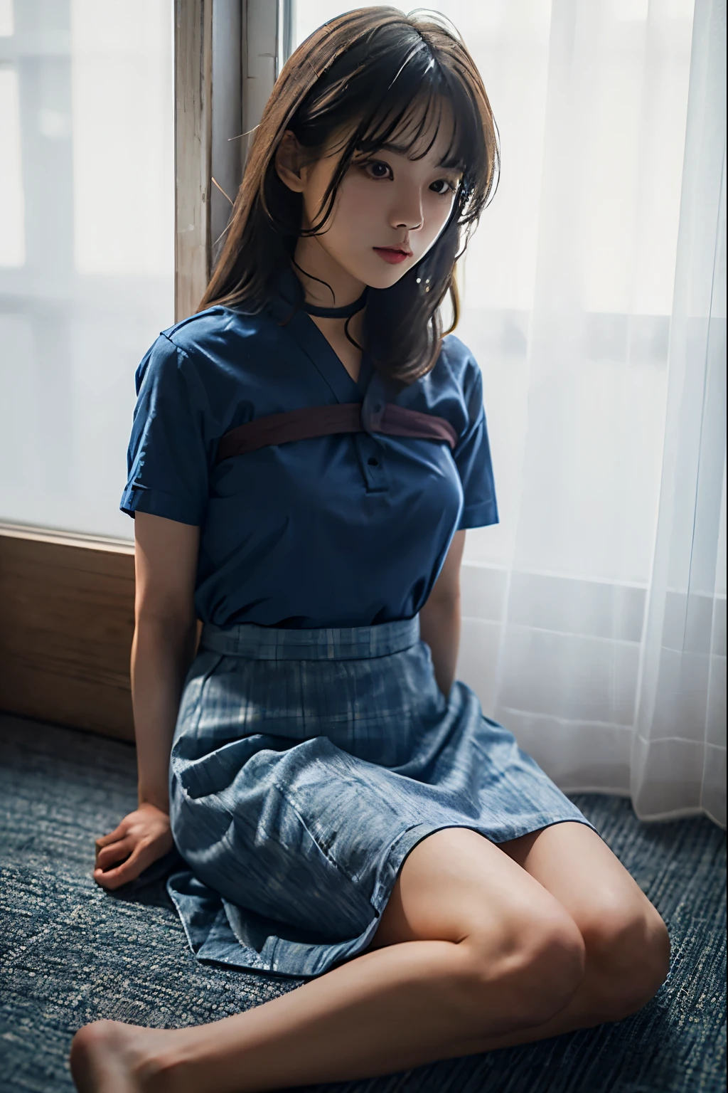 A cute girl is confined and tied up、A room with the lights on at night、Blue semi-long skirt、Red short sleeve shirt、Sitting on the floor、Beauty、Age 25、Medium build、Outside the window is night、Like real life、highest quality、