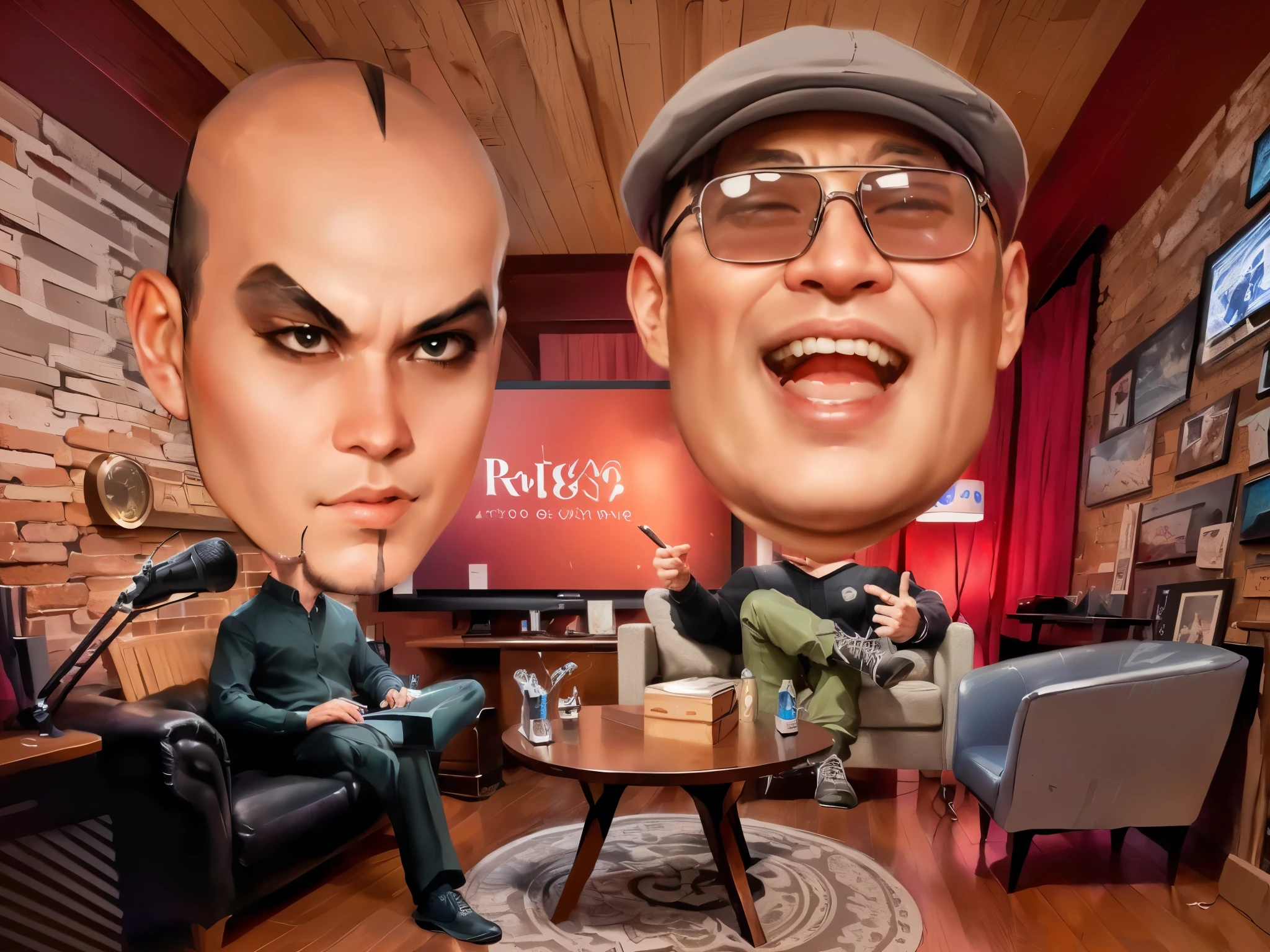 arafed image of a man sitting in a chair with a big head, Was doing a podcast and laughing, rob rey and kentarõ miura style, rob rey and kentaro miura style, rob rey and kentarõ miura, jin shan and ross tran, & jeehyung lee & wlop, caricature style, wlop and greg rutkowski