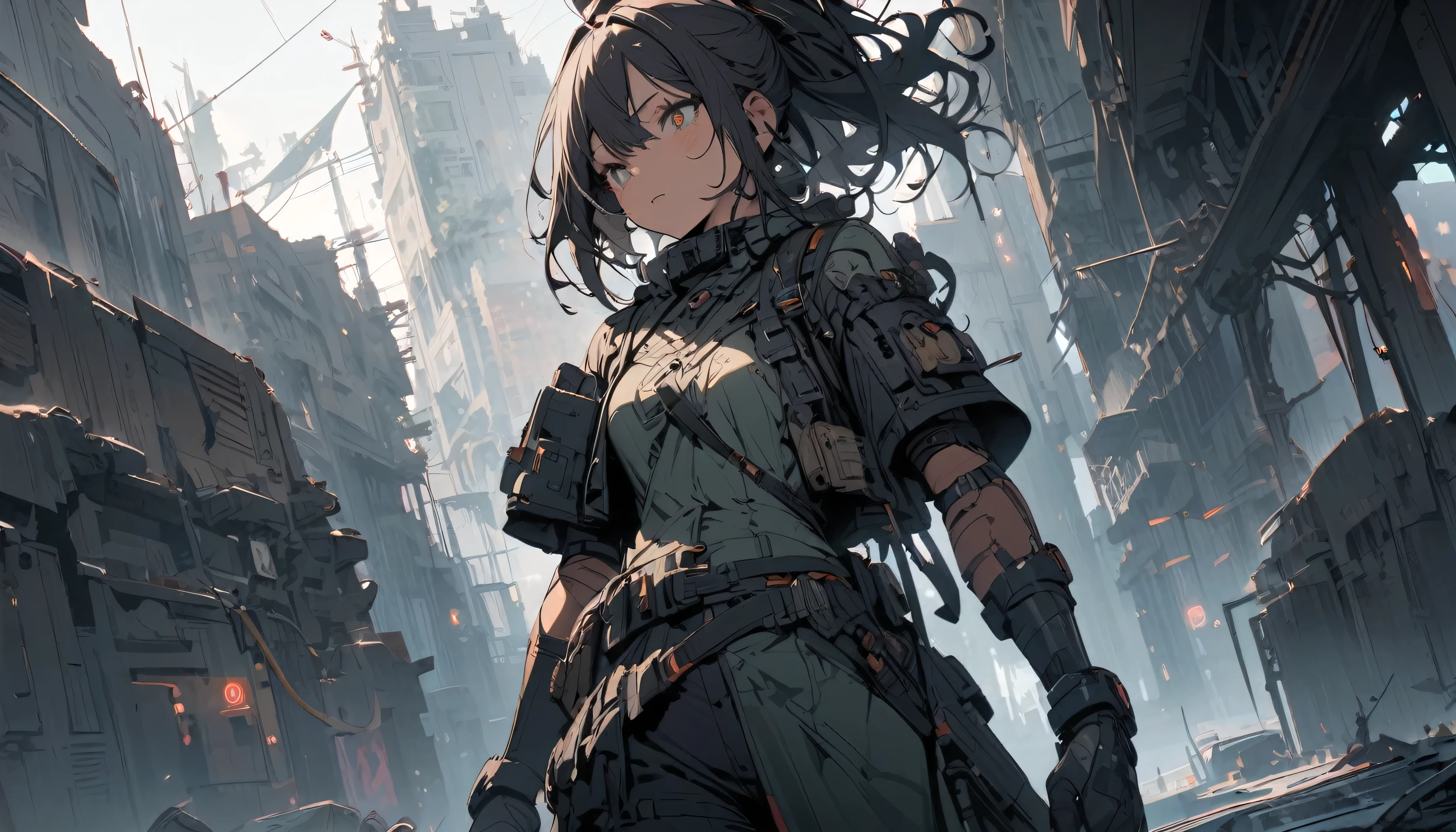 #Quality(8k,best quality,masterpiece,cinematic),solo,#1 girl(cute, kawaii,small ,black hair with blue underneath,pony tail hair,long hair,brown eyes,big eyes,sitting on a bench,waiting for train,head phone,JK,highschool student,looking away,boring),#background(trainstation in the future),long shot,wide shot,from side