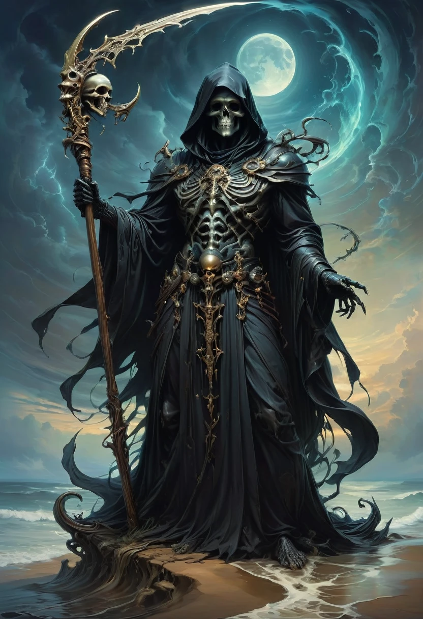 Black Grim Reaper, by Peter Mohrbacher, best quality, masterpiece, very aesthetic, perfect composition, intricate details, ultra-detailed